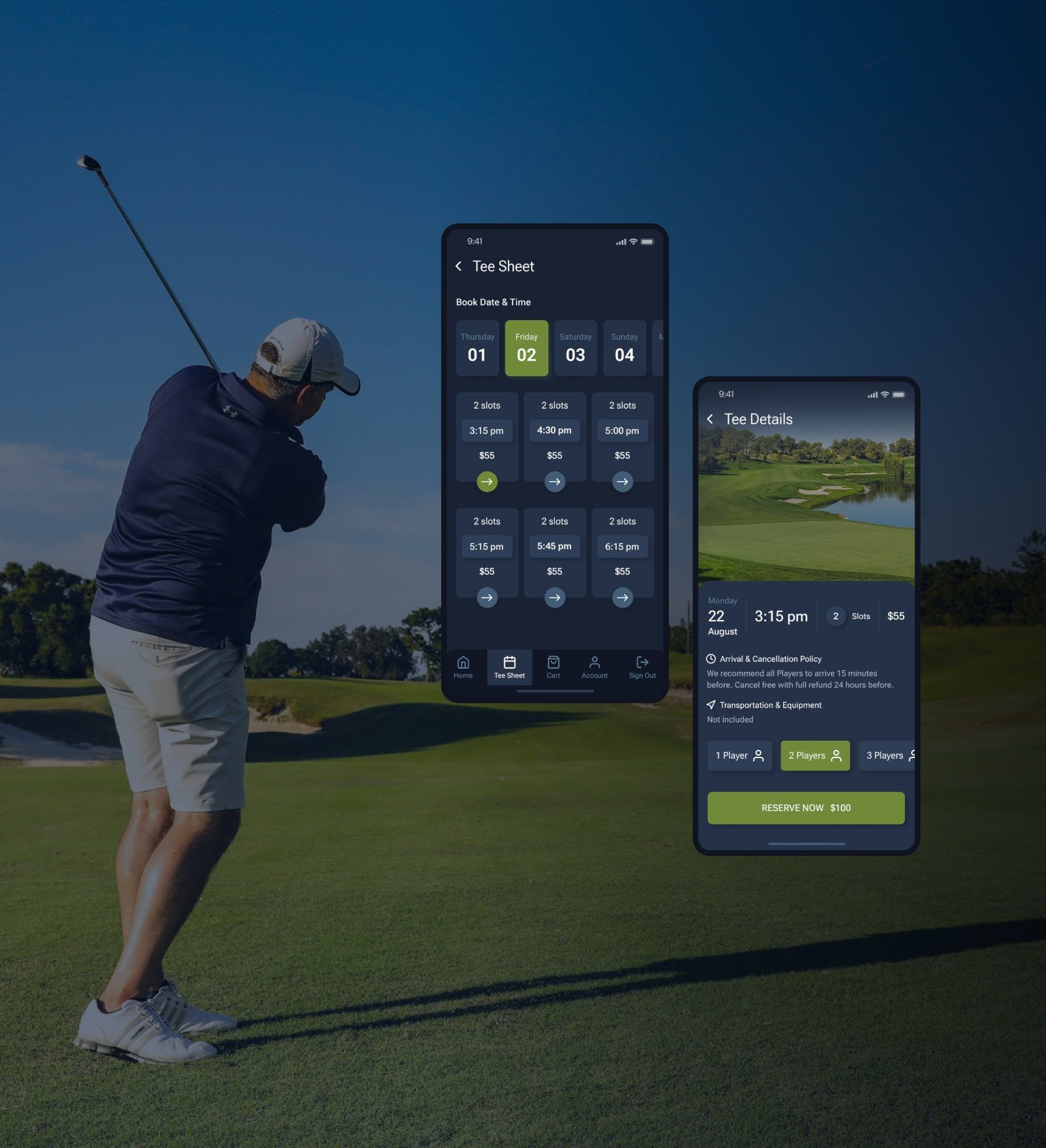 Golf App with tee booking and tee details screens.