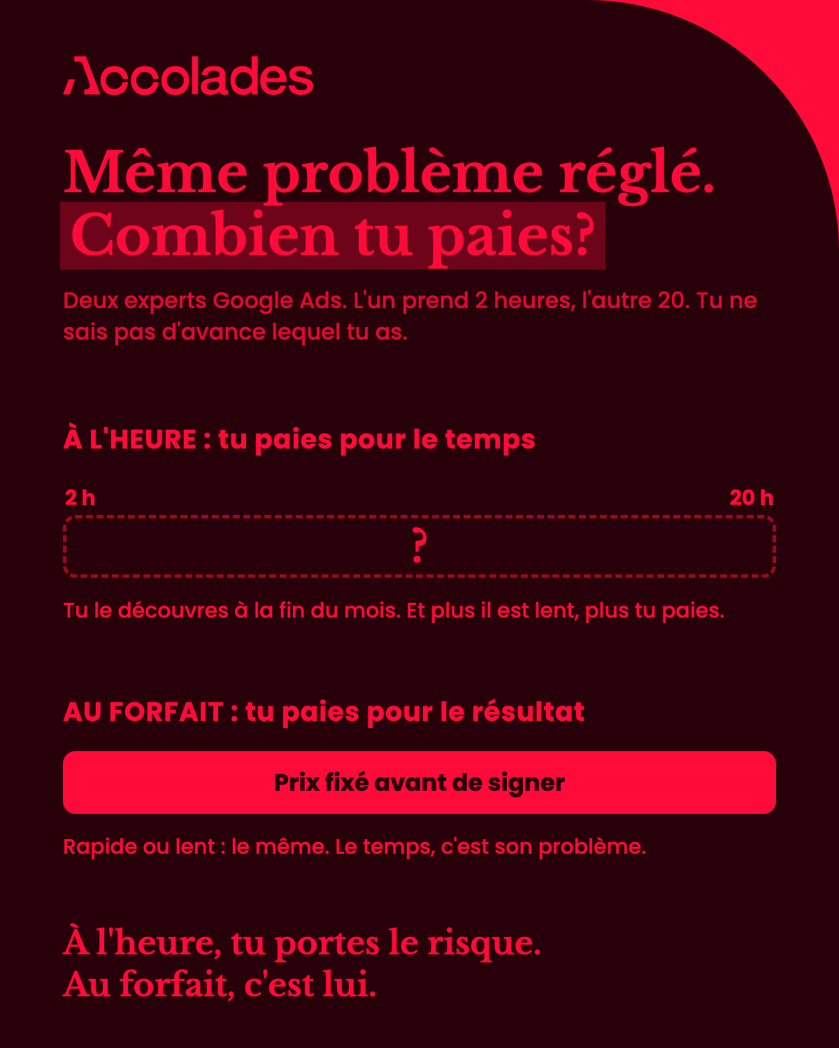 À l'heure, tu paies pour le temps : entre 2 et 20 heures, tu le découvres à la fin du mois. Au forfait, tu paies pour le résultat : prix fixé avant de signer.