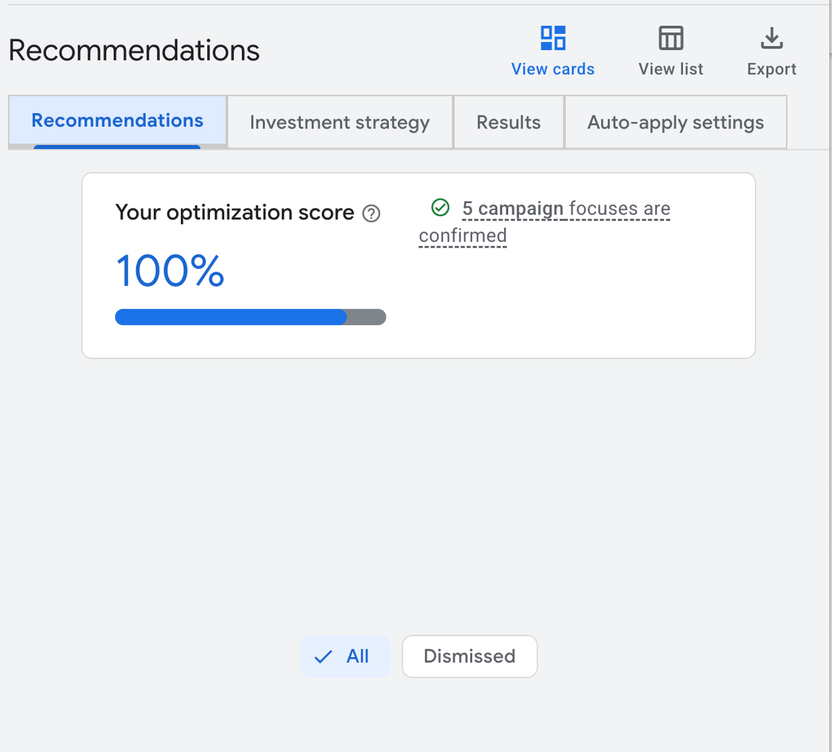 Score d'optimisation de 100 % dans Google Ads, obtenu en rejetant les recommandations