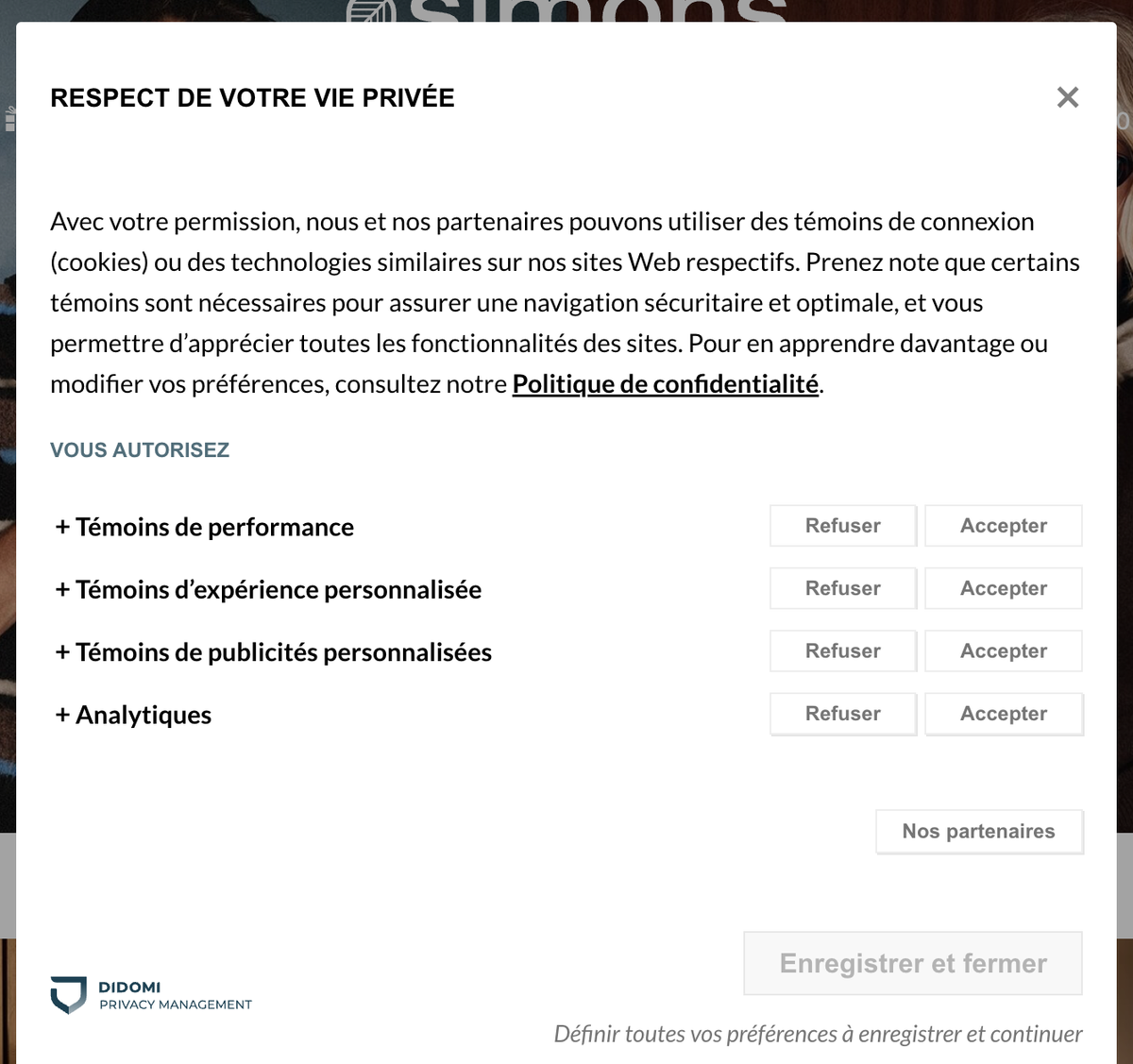 Panneau de préférences d'un grand détaillant : quatre catégories à régler une à une avant de pouvoir enregistrer.