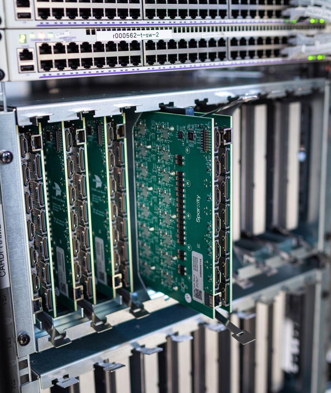 A Sparxity board pulled out of a card frame in a rack