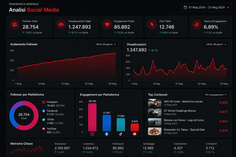 Dashboard di analisi dei social media con grafici di follower, visualizzazioni ed engagement