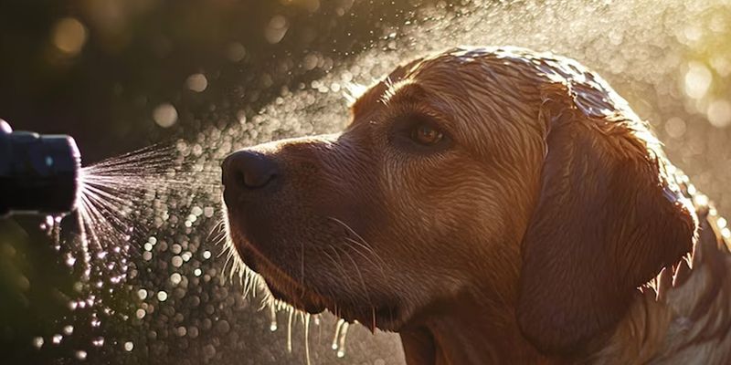 Perro tomando agua en día caluroso