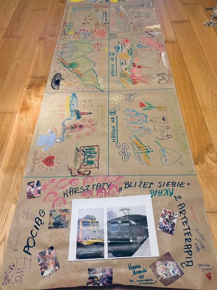 Długi kolaż uczestników z podpisem warsztatu i rysunkami