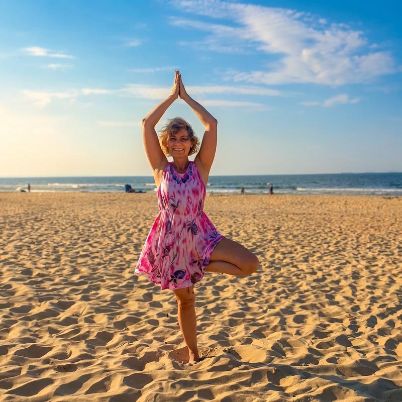 Anna Księżyk na plaży w pozie jogi