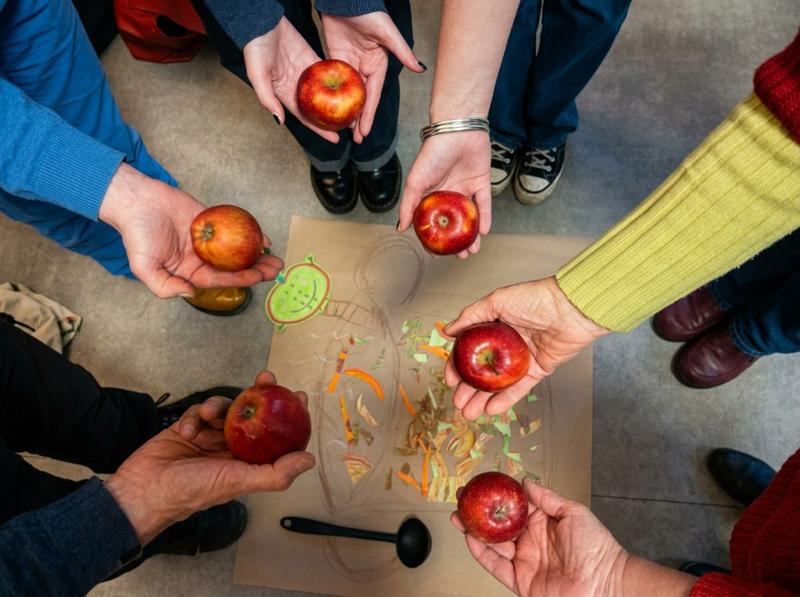 Krąg uczestników trzymających czerwone jabłka podczas ćwiczenia