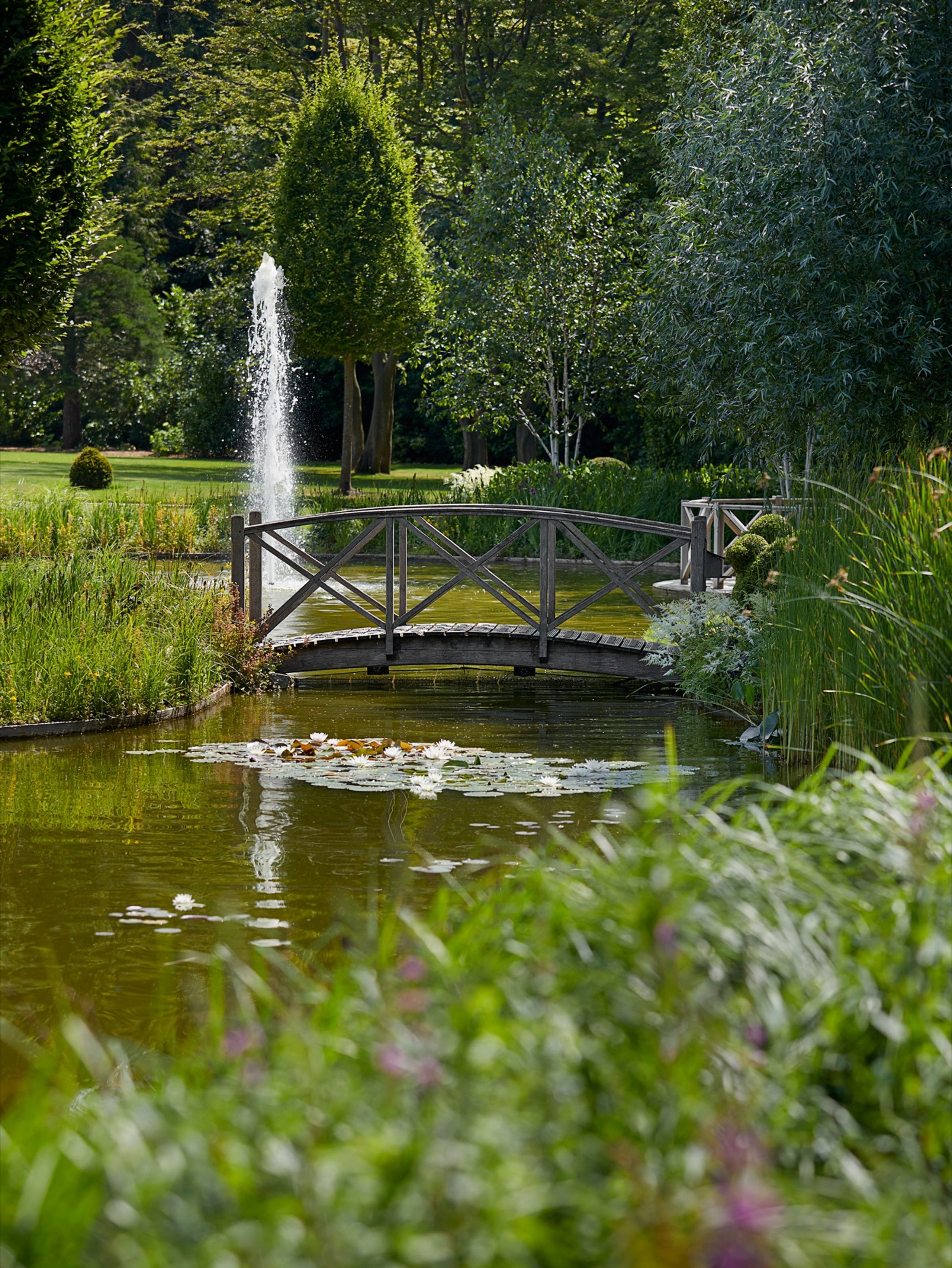 Garden pond with a fountain and a timber footbridge