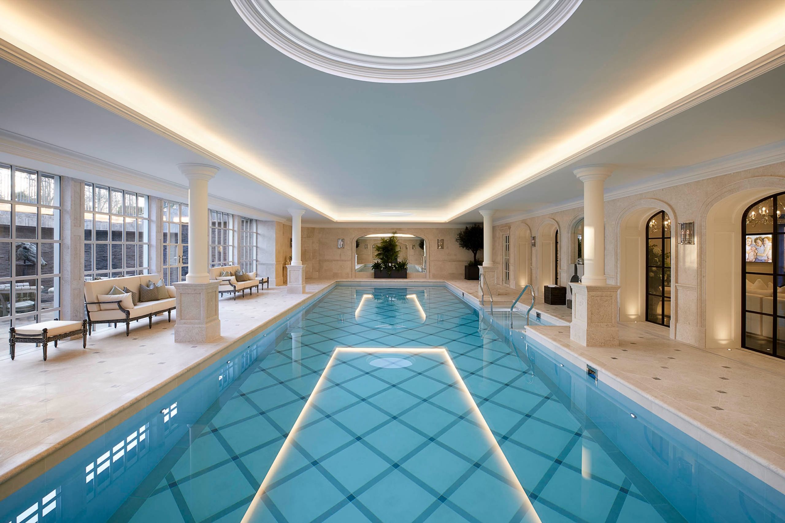 Indoor swimming pool beneath a domed ceiling