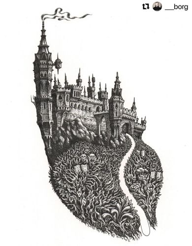 Gothic castle above an a overgrown dead garden with hidden images of books, brains, and other body parts