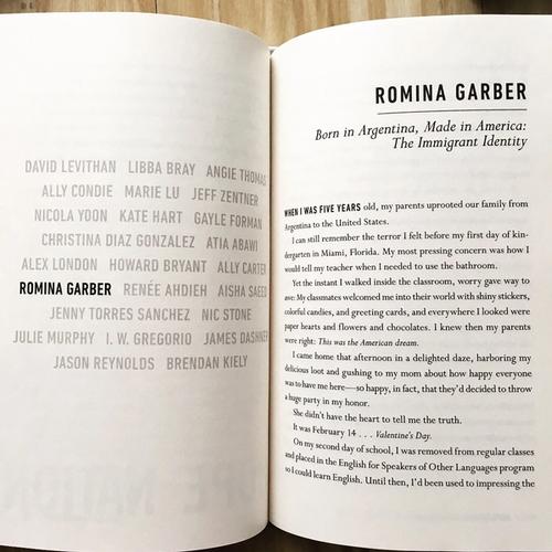 Hope Nation open to the first page of Romina Garbers essay entitled Born in Argentina, Made in America: The Immigrant Identity.