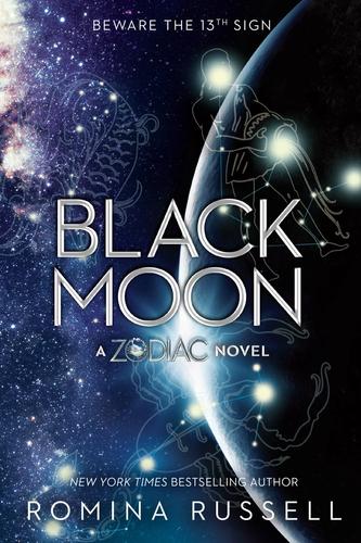 Purple, silver, & black book cover of Black Moon featuring the Pisces, Aquarius, & Scorpio Zodiac signs.