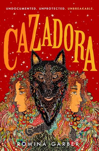 The Cazadora cover, featuring a girl, Manu, being split in two by her inner wolf. Manus hair grows into wild foliage all set against a bloodred background