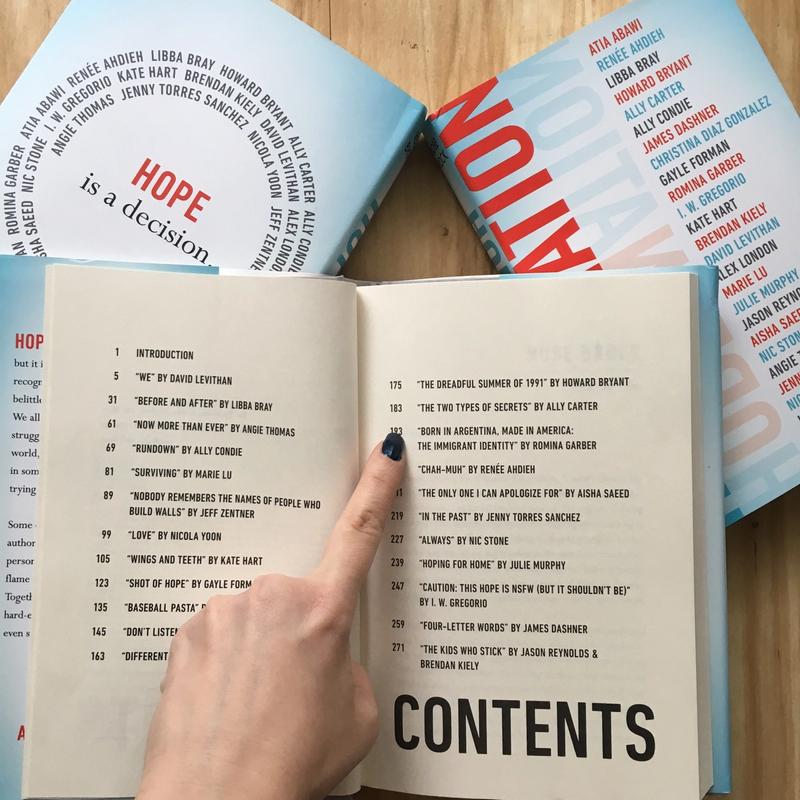  The table of contents of HOPE NATION, with a finger pointing to Romina Garber's essay, Born in Argentina, Made in America: The Immigrant Identity.