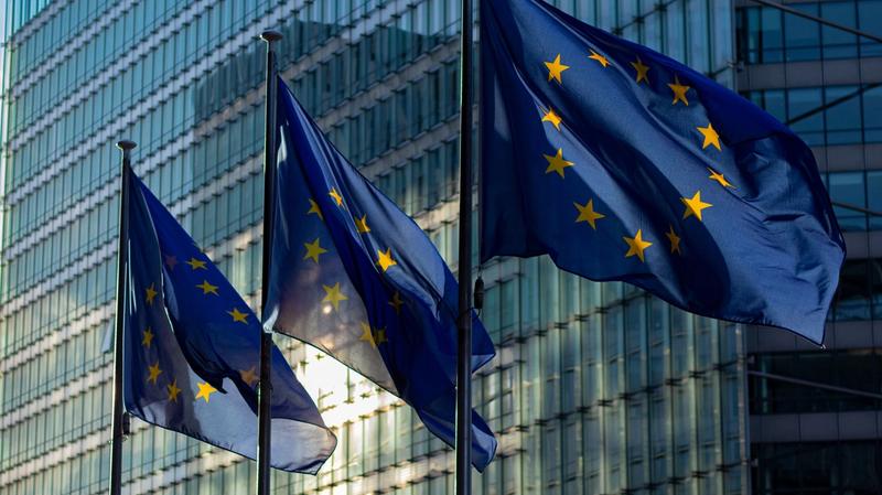 European Union flags outside an institutional building in Brussels