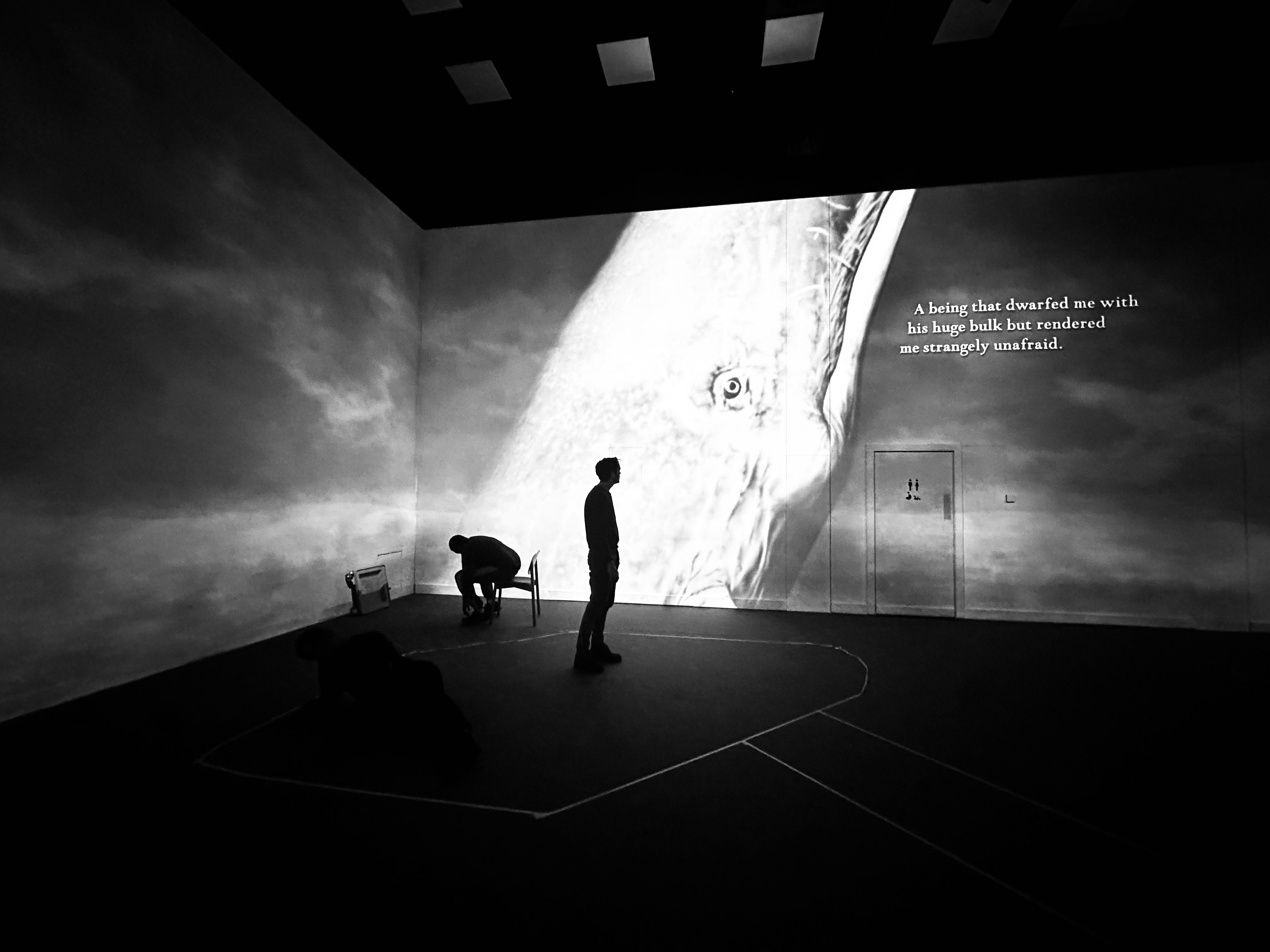 Actor in large immersive projection space with white whale on screen