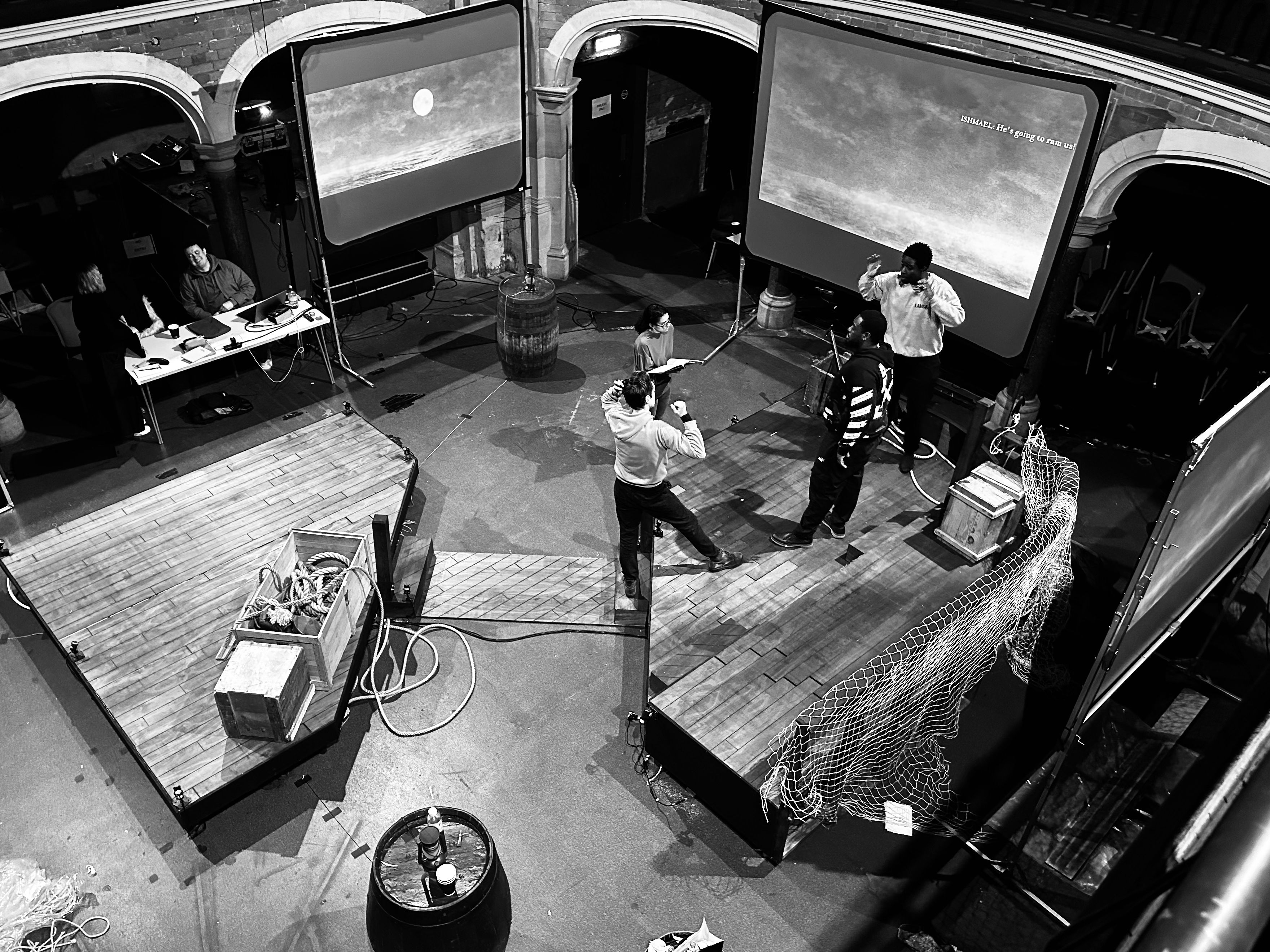 Overhead shot of rehearsal space with set