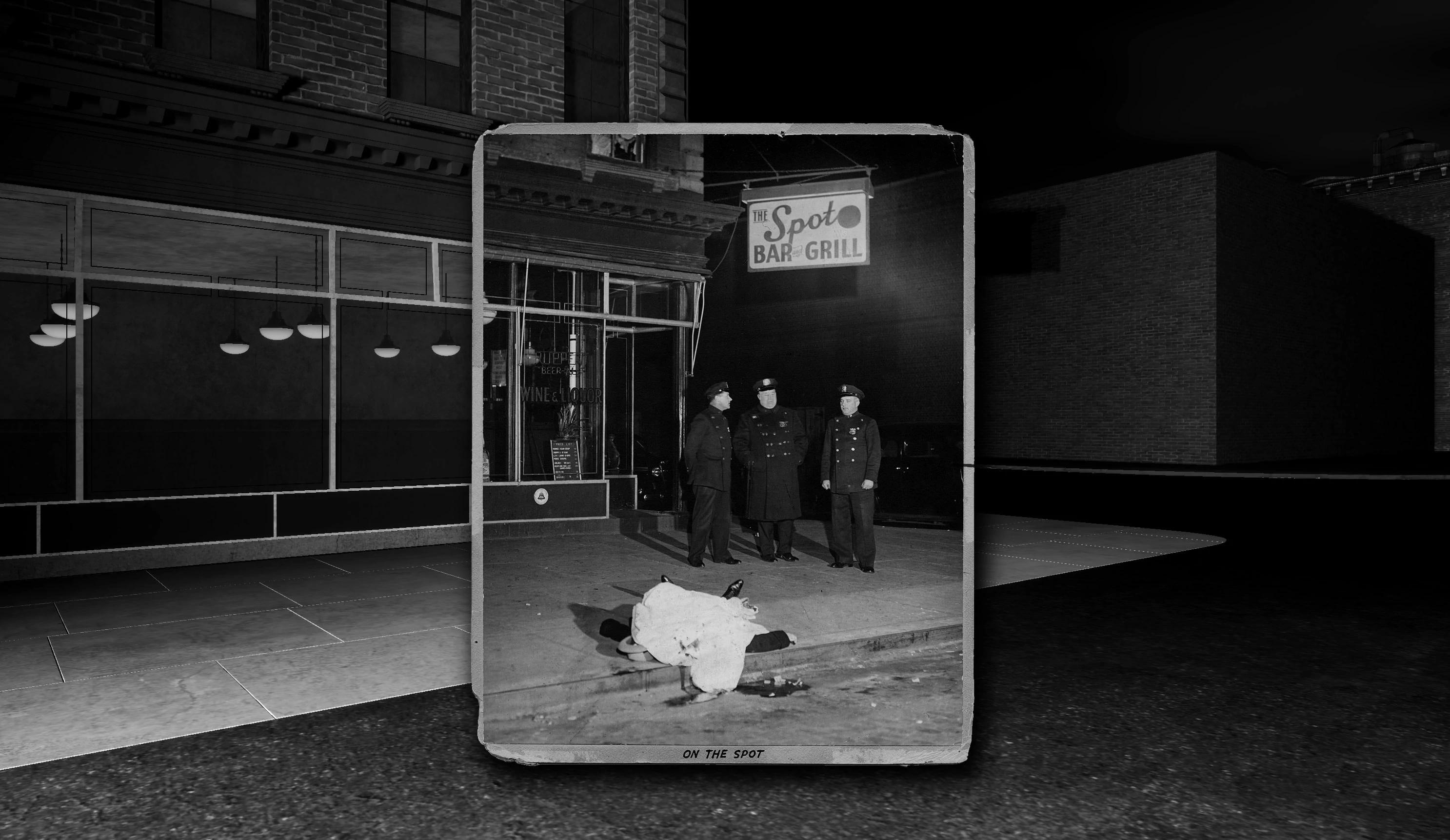 A black and white photo of a murder scene with a virtual recreation of the scene behind