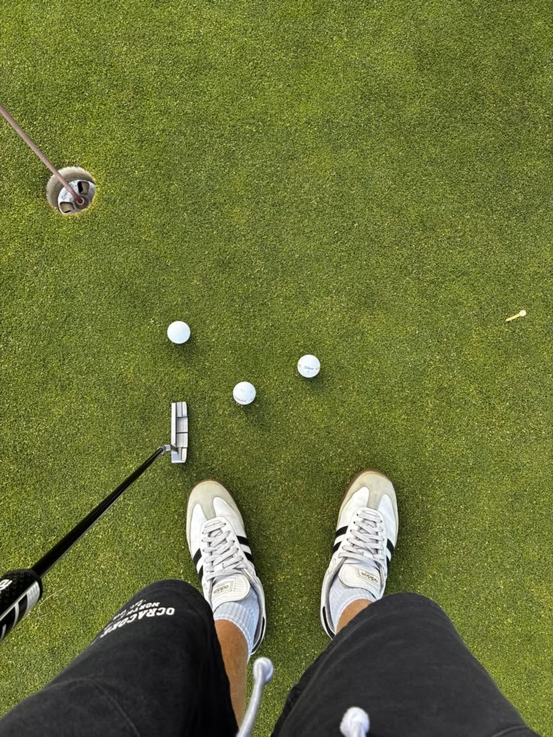 Top-down view of a golfer practising on a putting green.