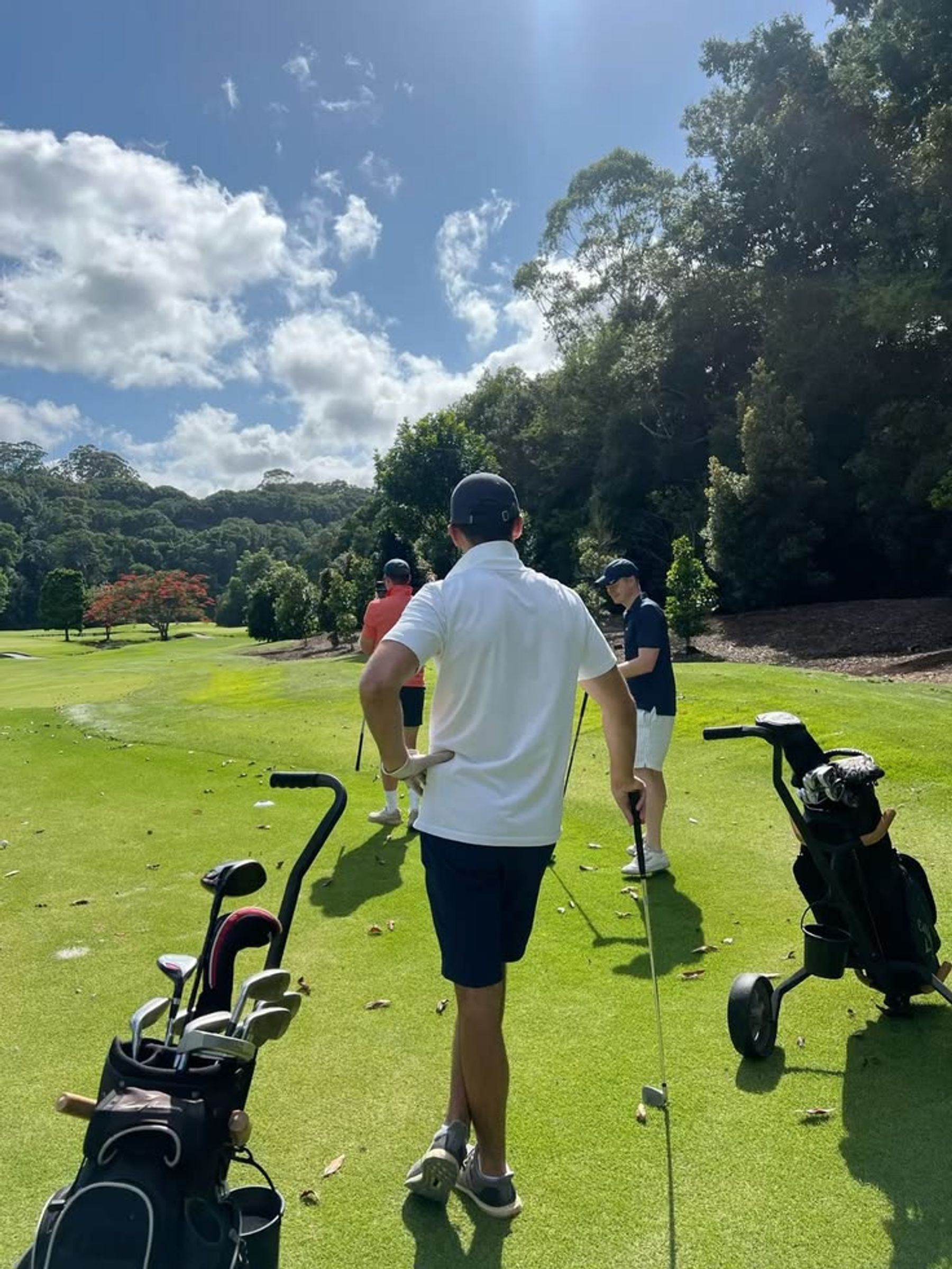 Golfers standing on a sunny course with golf bags and clubs.
