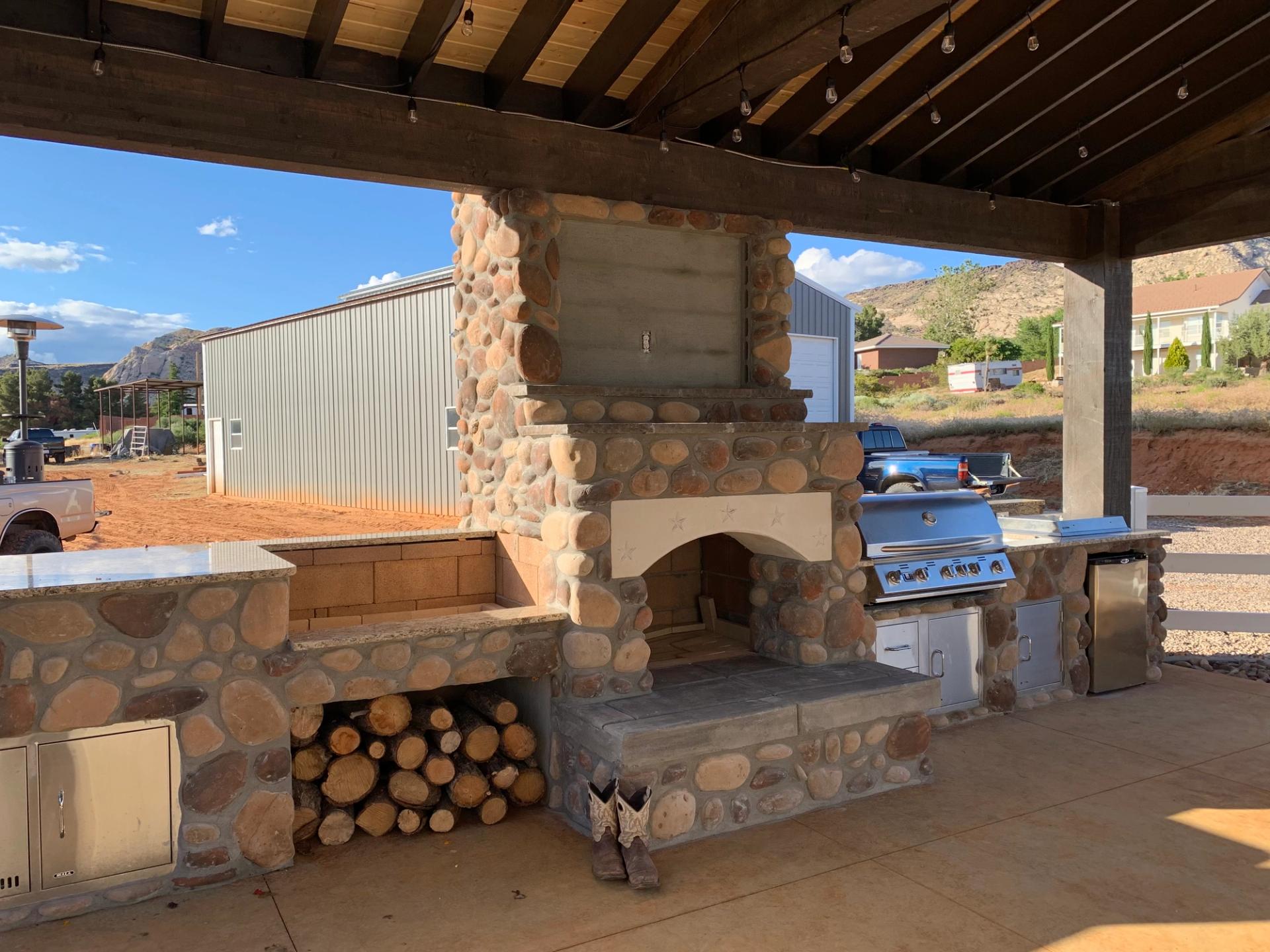 Outdoor Pergola with Fireplace & Kitchen Addition