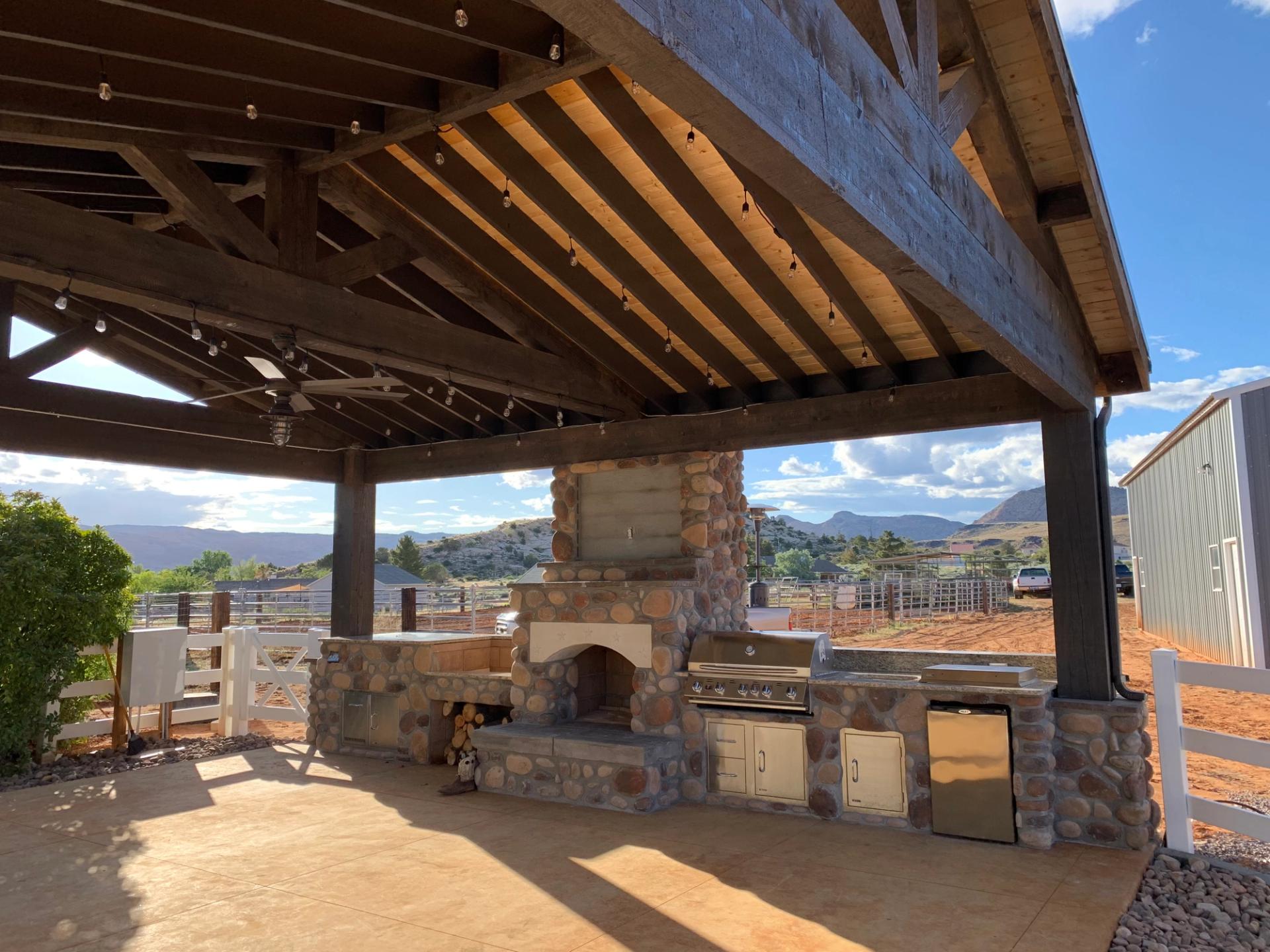 Outdoor Pergola with Fireplace & Kitchen Addition