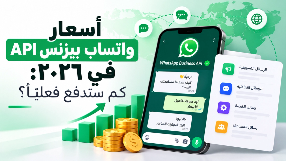 هاتف يعرض أنواع رسائل واجهة واتساب للأعمال بجانب أكوام من العملات الذهبية وتفصيل للتكلفة: سعر Meta ورسوم الخدمة وهامش المنصة بمجموع ٠٫١٠ دولار للرسالة.