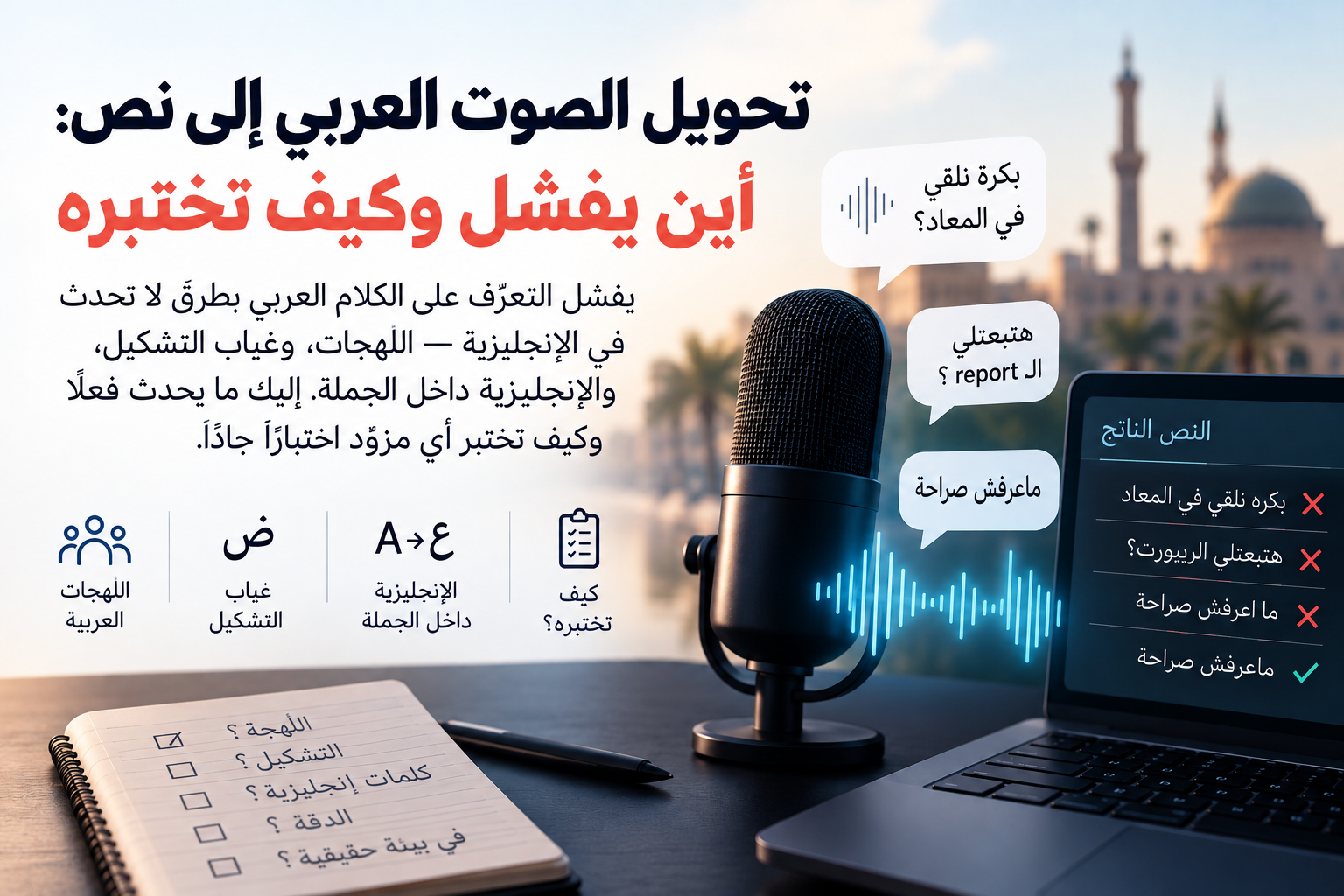 ميكروفون استوديو بجانب حاسوب محمول يعرض ناتج تفريغ عربي، فيه سطران بعلامة خطأ وسطر بعلامة صح، وفقاعات كلام باللهجة المصرية تخلط العربية بكلمات إنجليزية.