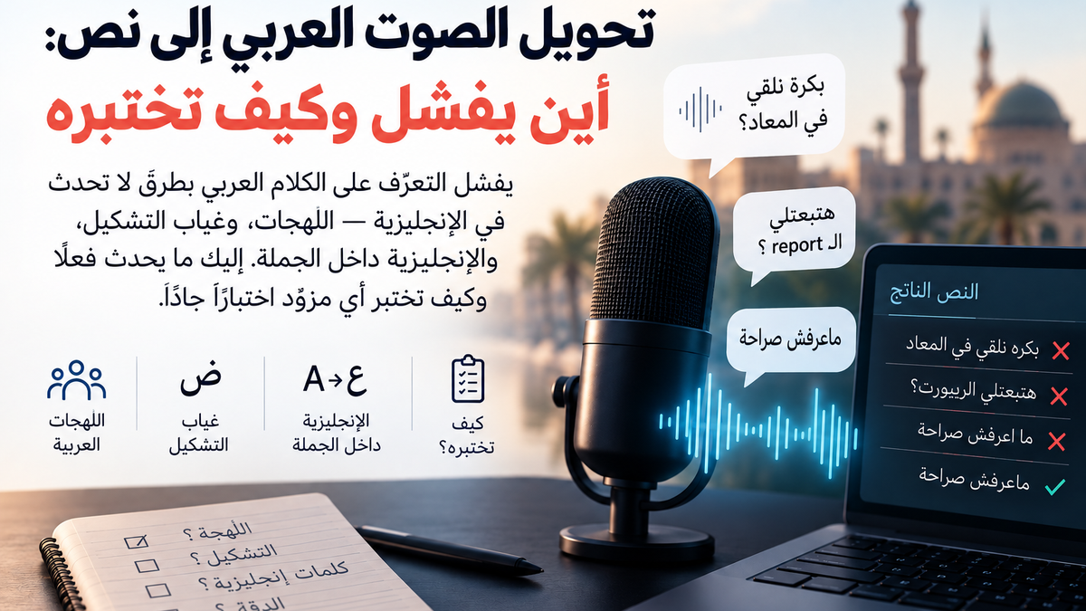 ميكروفون استوديو بجانب حاسوب محمول يعرض ناتج تفريغ عربي، فيه سطران بعلامة خطأ وسطر بعلامة صح، وفقاعات كلام باللهجة المصرية تخلط العربية بكلمات إنجليزية.