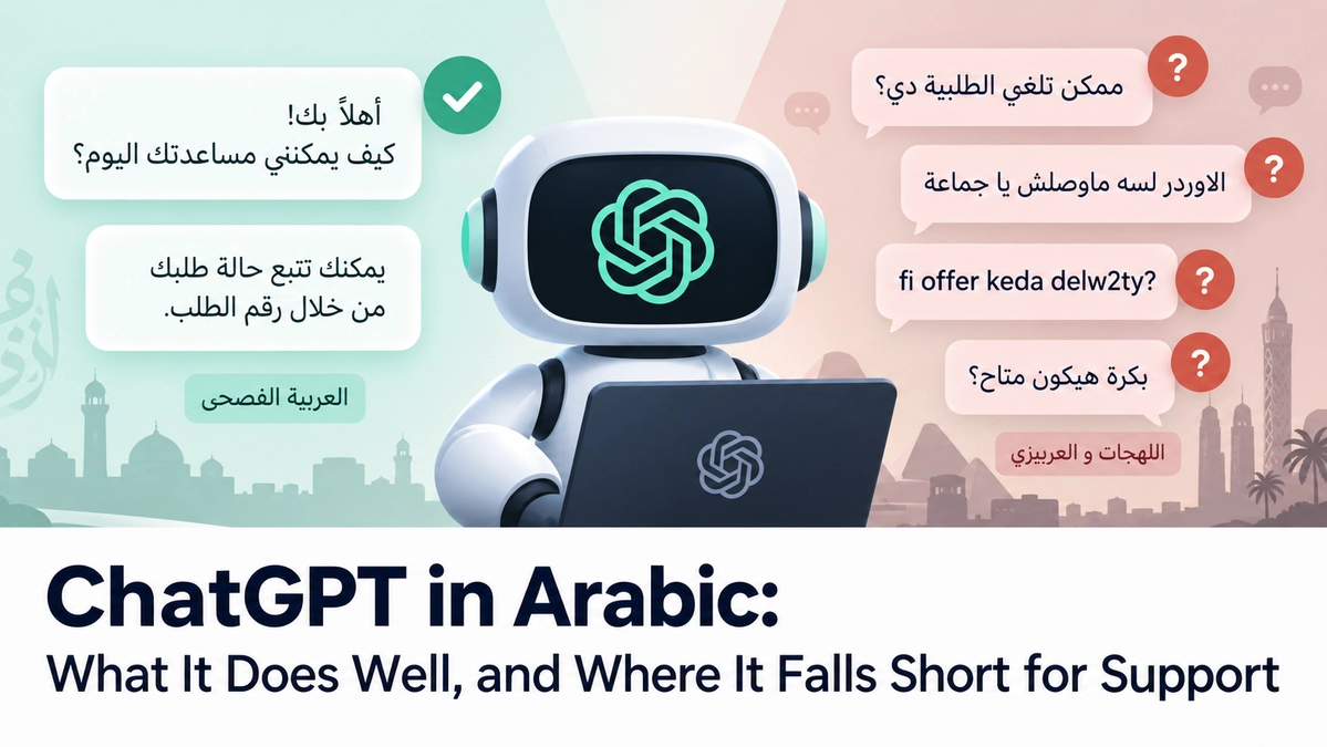 A robot bearing the ChatGPT logo between two sets of messages: Modern Standard Arabic replies marked with green ticks, and dialect and Franco-Arabic questions marked with red question marks.
