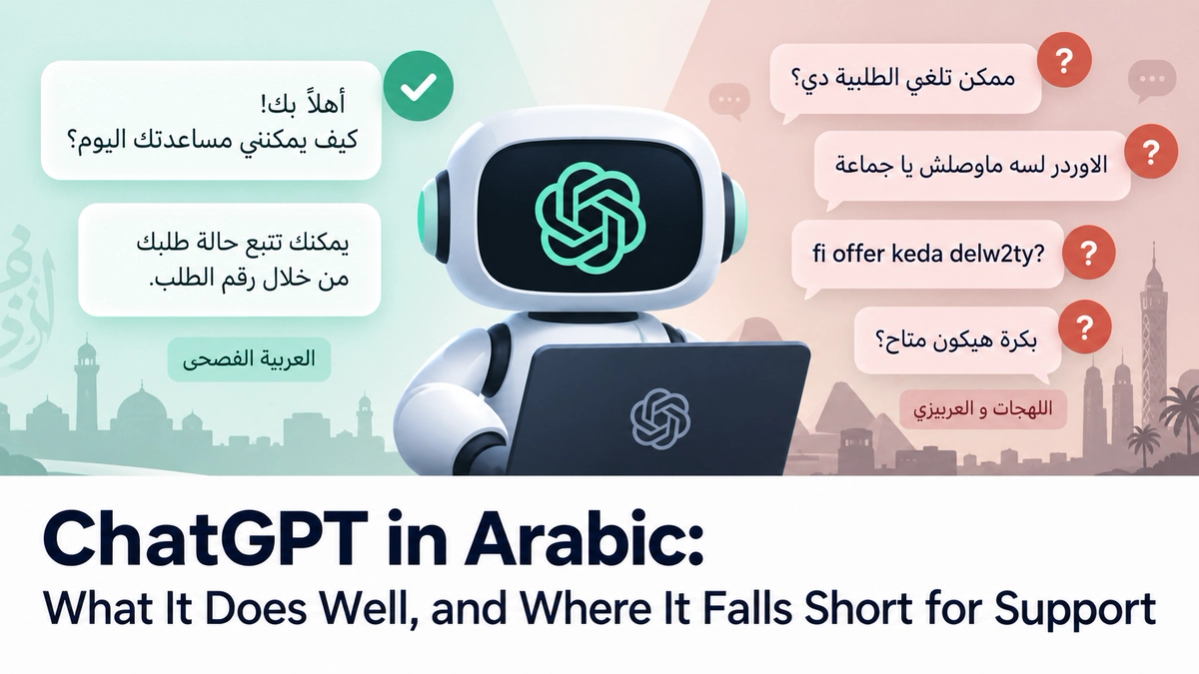 A robot bearing the ChatGPT logo between two sets of messages: Modern Standard Arabic replies marked with green ticks, and dialect and Franco-Arabic questions marked with red question marks.