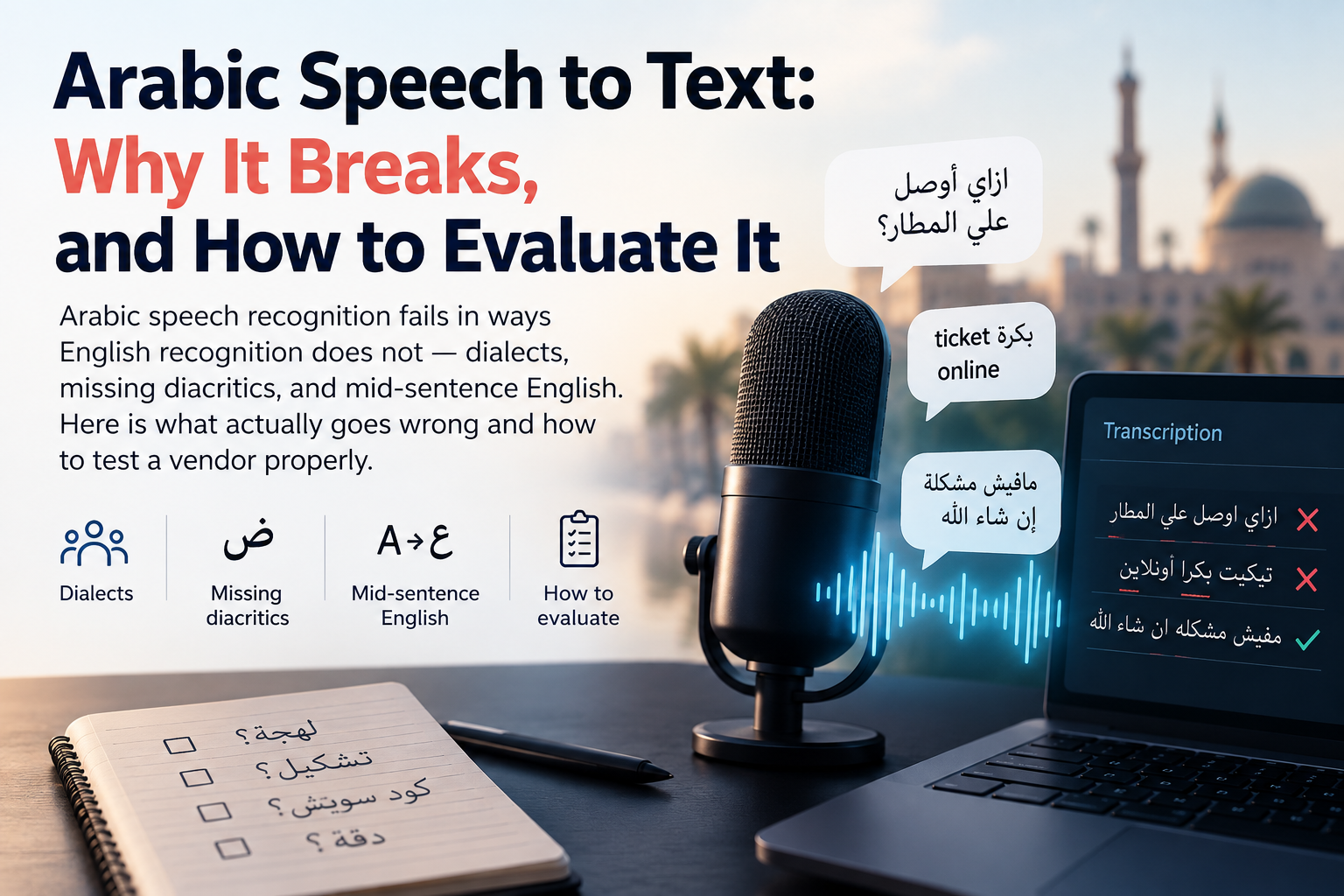 A studio microphone beside a laptop showing Arabic transcription output, with two lines marked incorrect and one correct, and speech bubbles mixing Egyptian Arabic with English words.