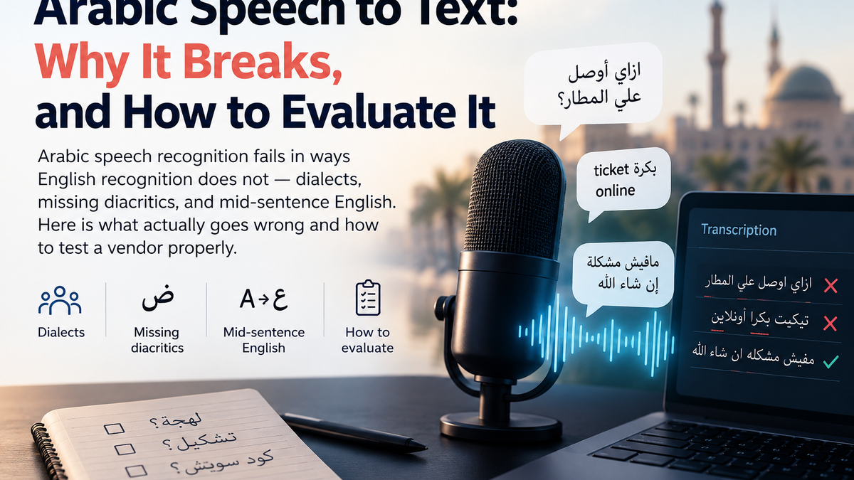 A studio microphone beside a laptop showing Arabic transcription output, with two lines marked incorrect and one correct, and speech bubbles mixing Egyptian Arabic with English words.