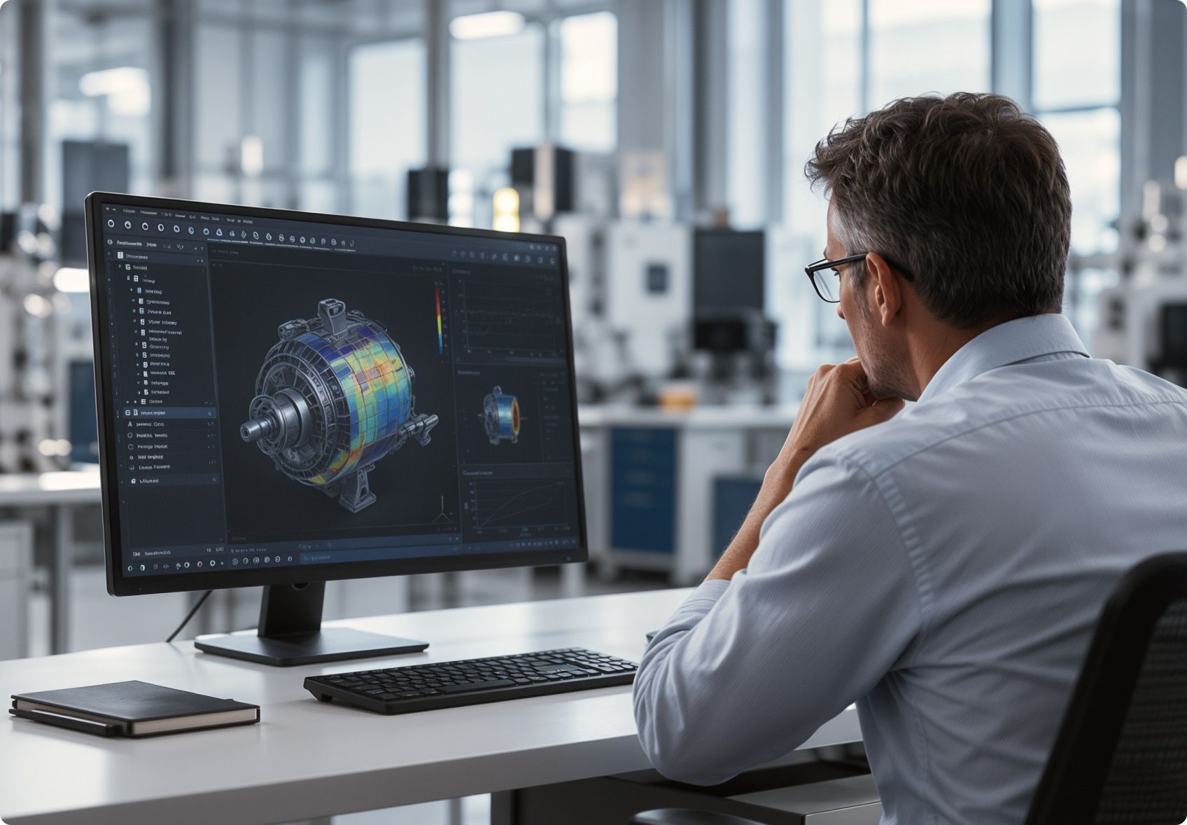 Ein Ingenieur studiert an einer Workstation ein Simulationsergebnis