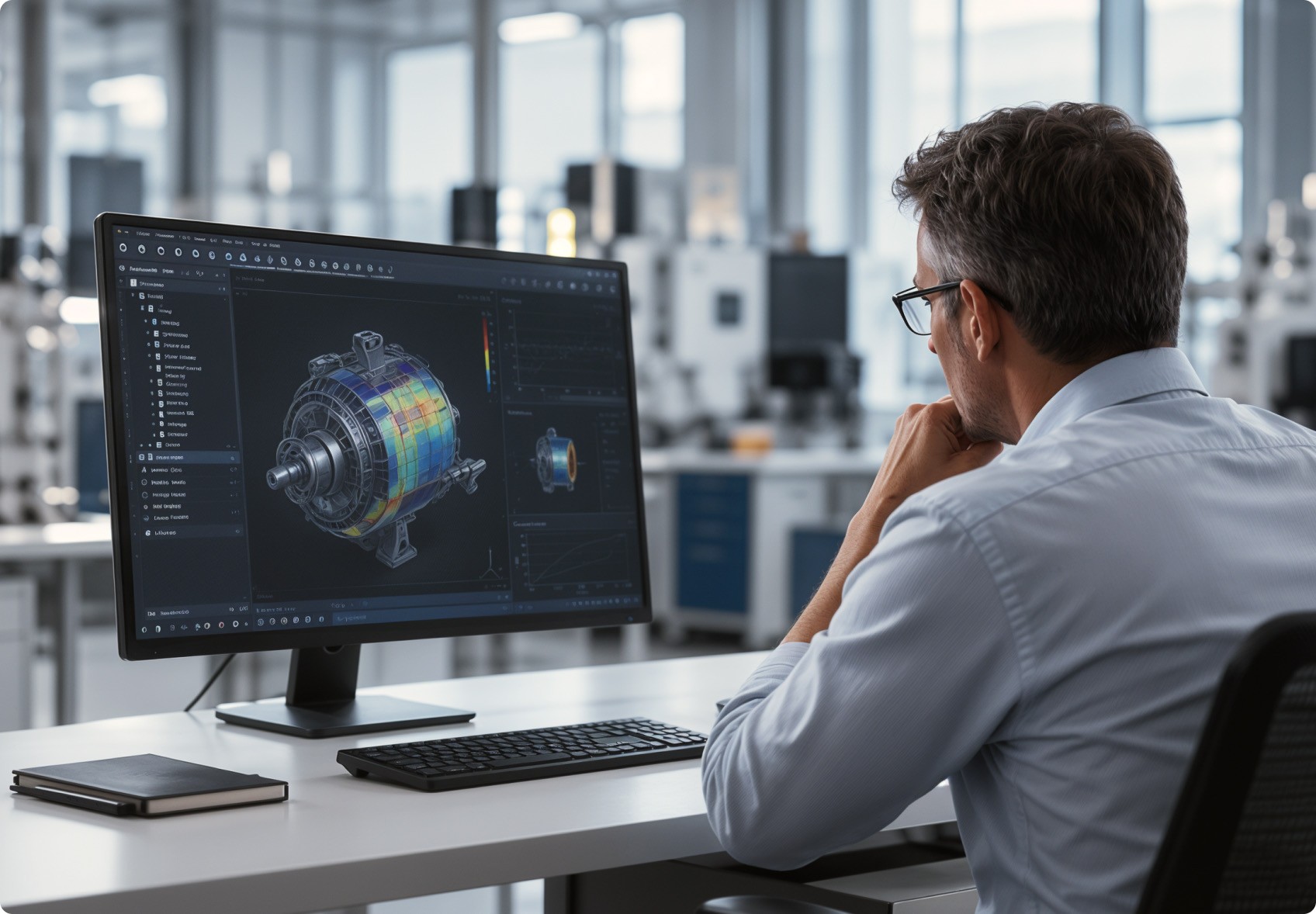 Ein Ingenieur studiert an einer Workstation ein Simulationsergebnis