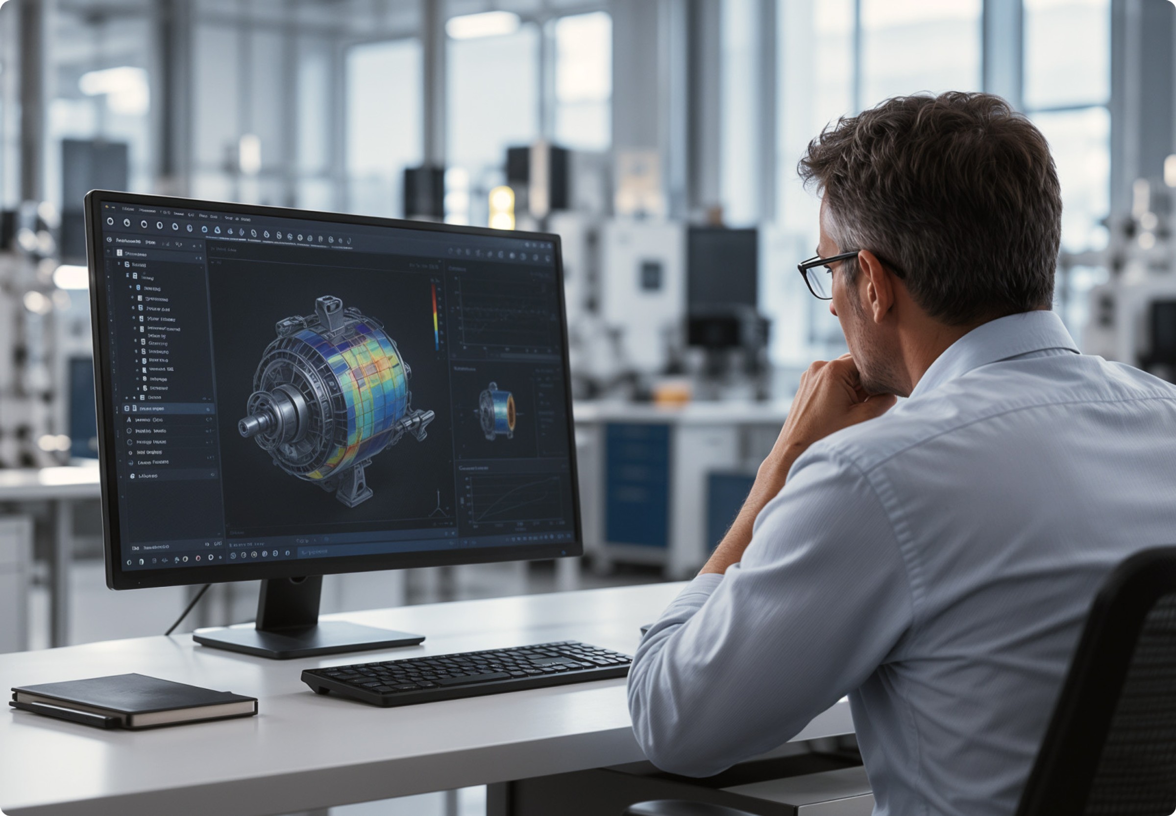Ein Ingenieur studiert an einer Workstation ein Simulationsergebnis