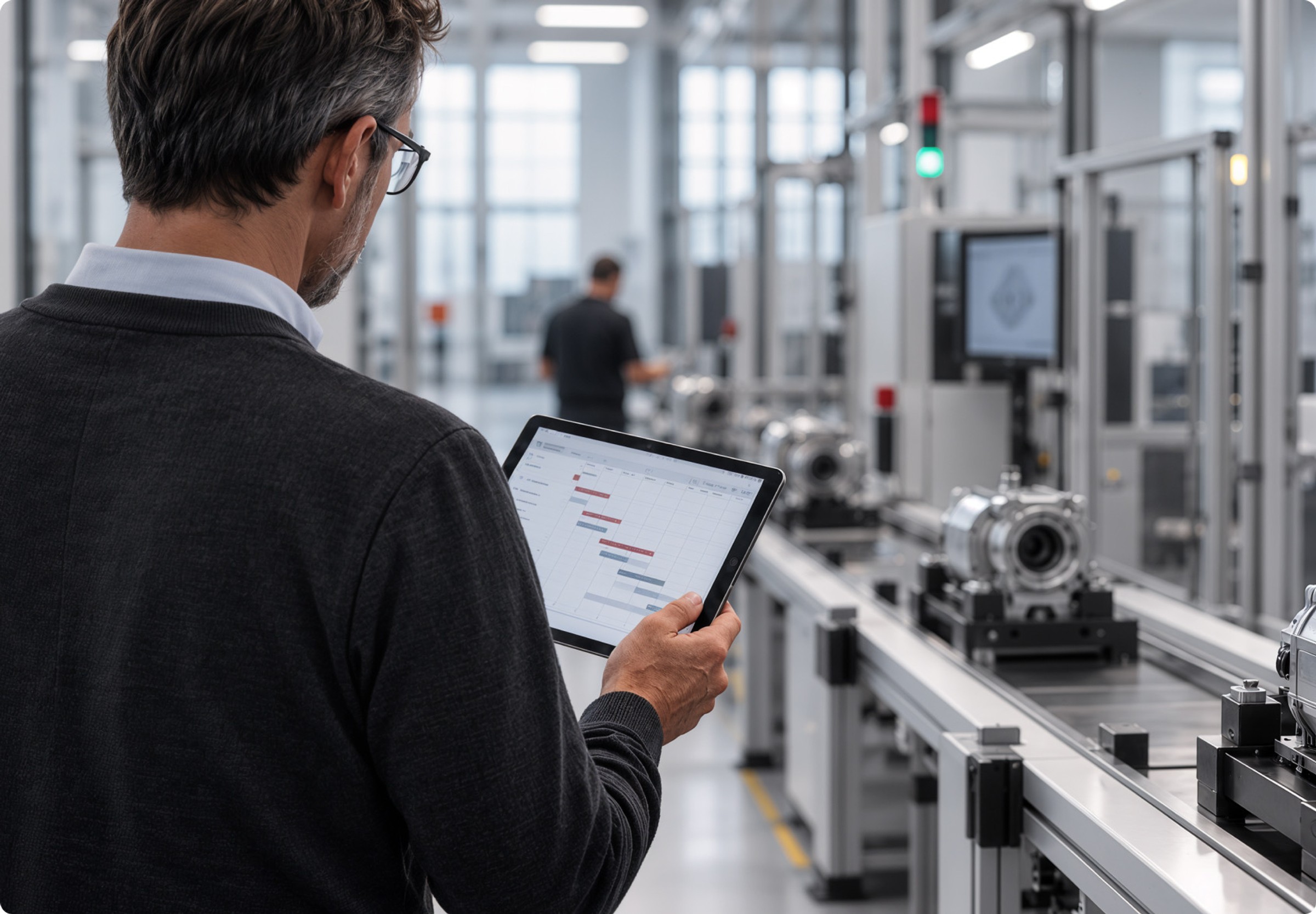Eine Projektleitung verfolgt auf einem Tablet den Fortschritt neben einer Produktionslinie