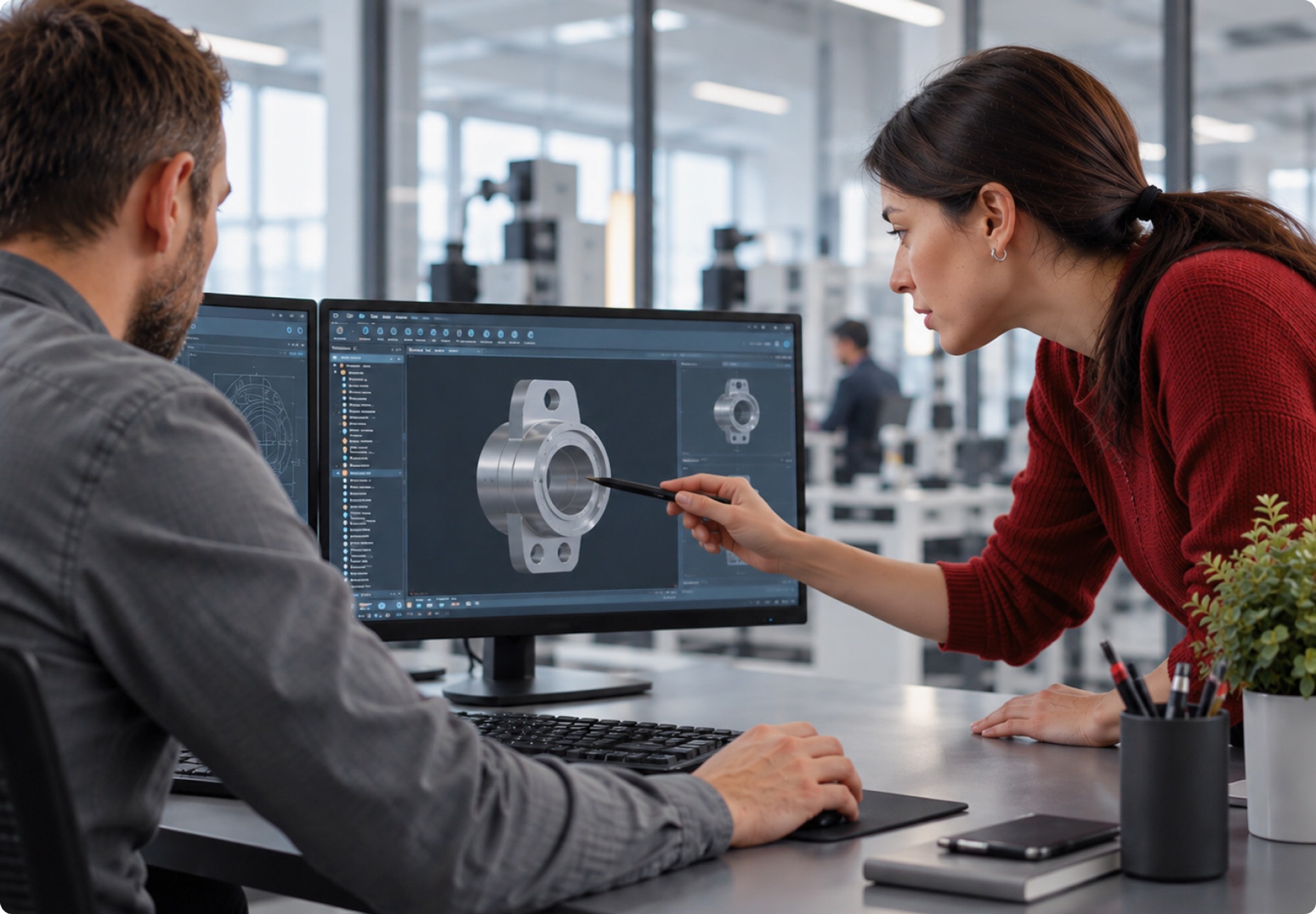 Zwei Ingenieure prüfen am Bildschirm ein CAD-Modell eines Bauteils