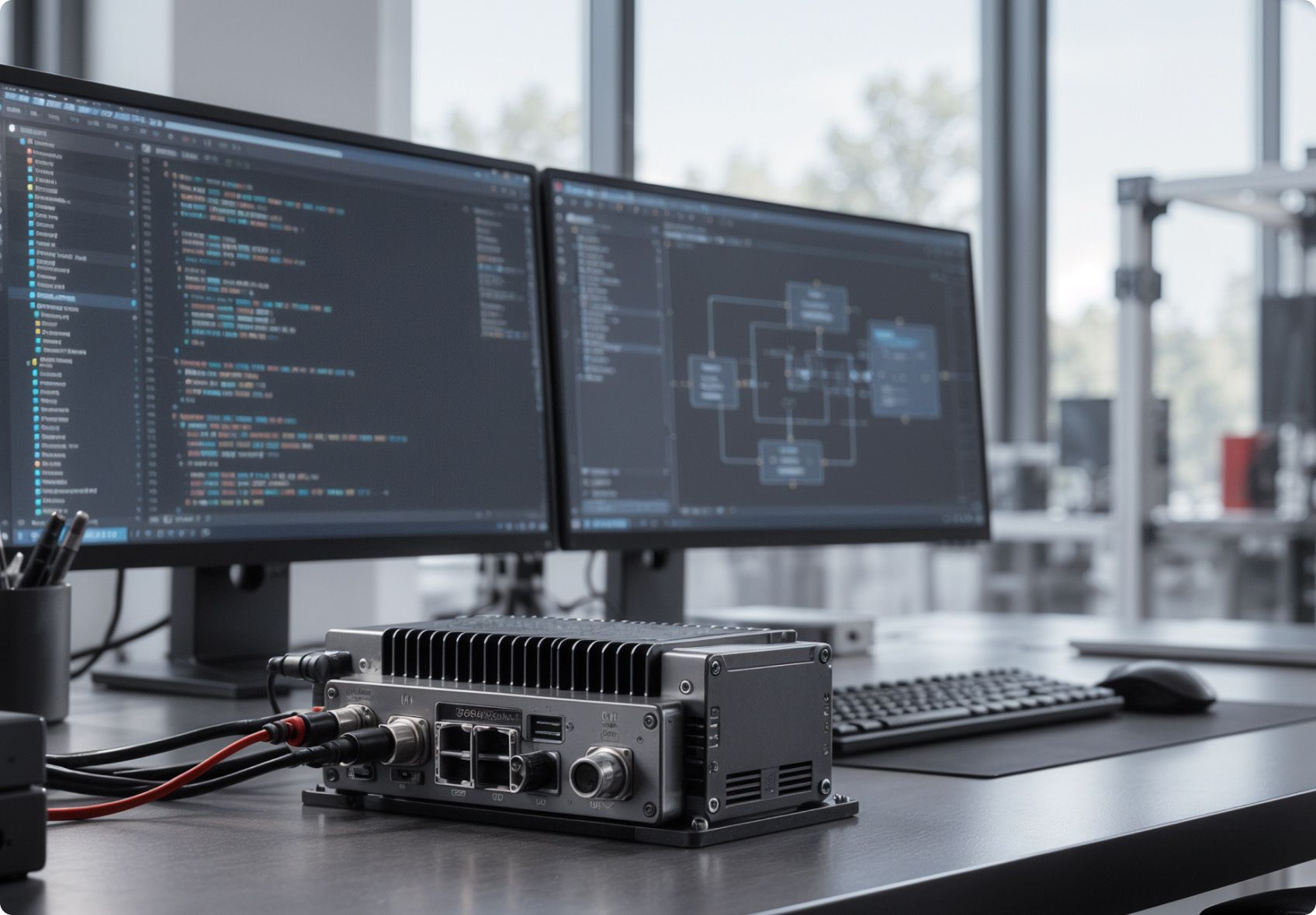 Eine Embedded-Recheneinheit auf dem Prüftisch neben Code auf zwei Monitoren