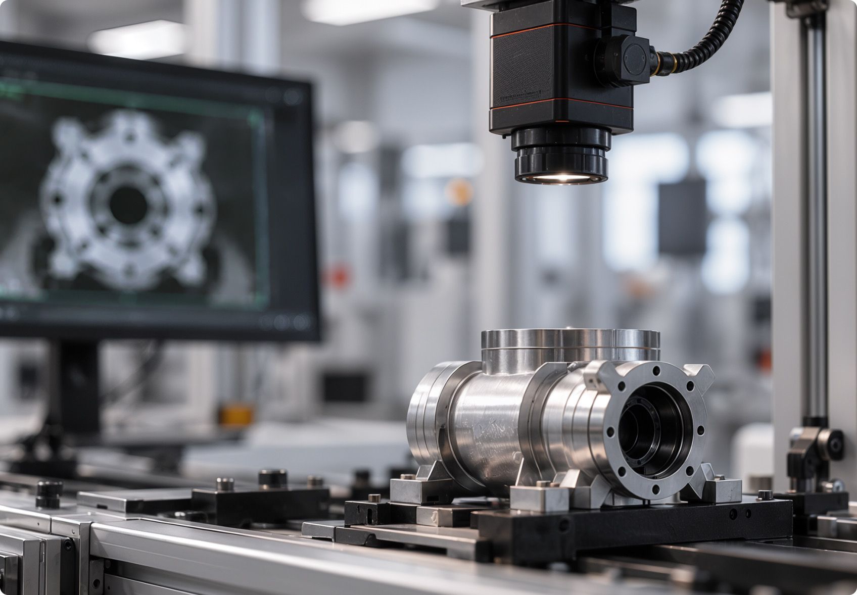 Eine Industriekamera prüft ein Metallteil auf dem Förderband