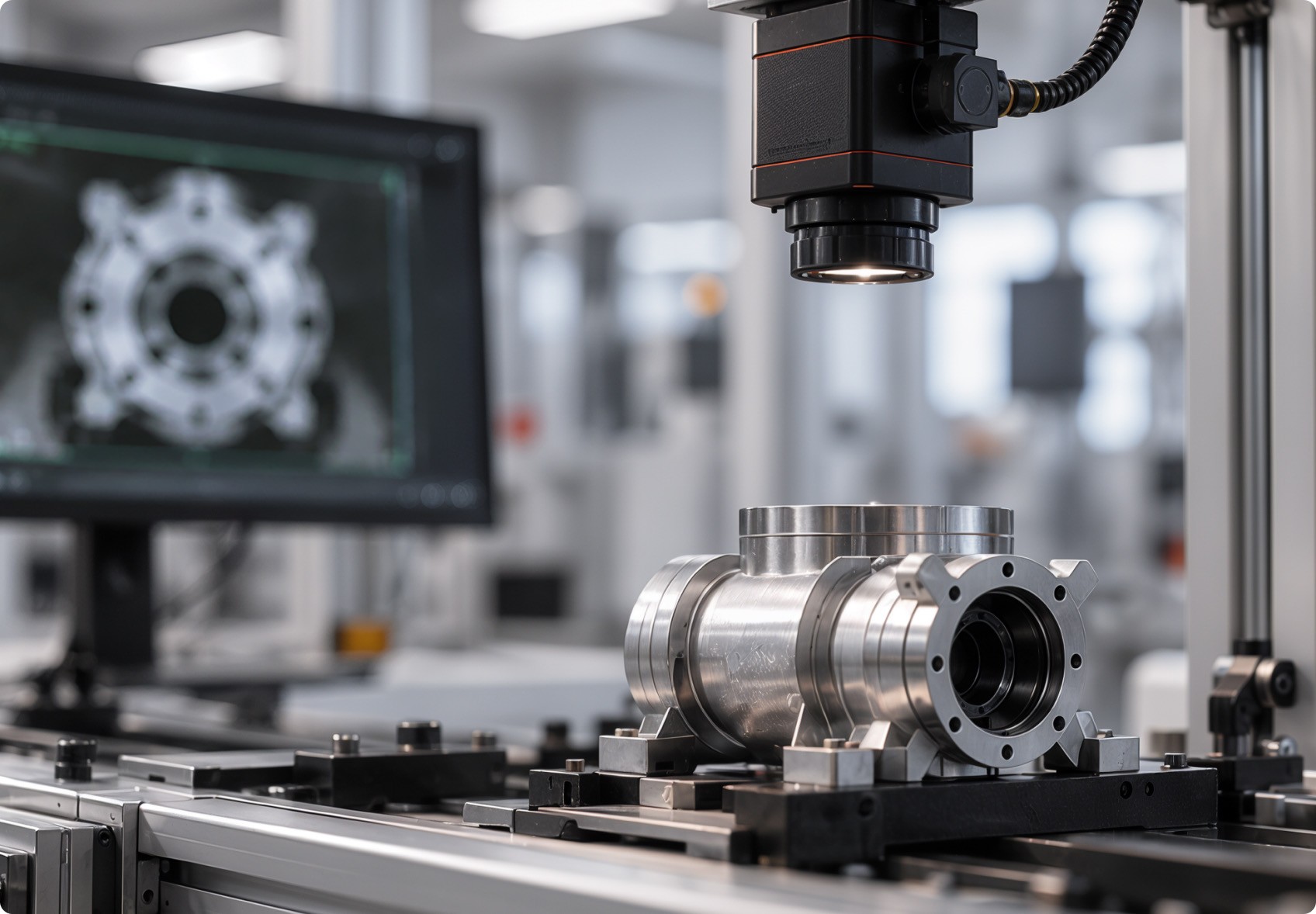 Eine Industriekamera prüft ein Metallteil auf dem Förderband