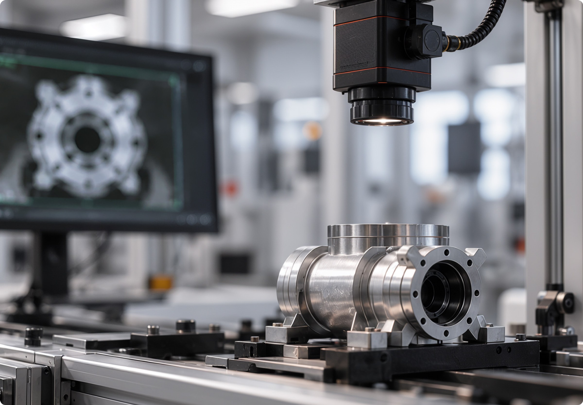 Eine Industriekamera prüft ein Metallteil auf dem Förderband