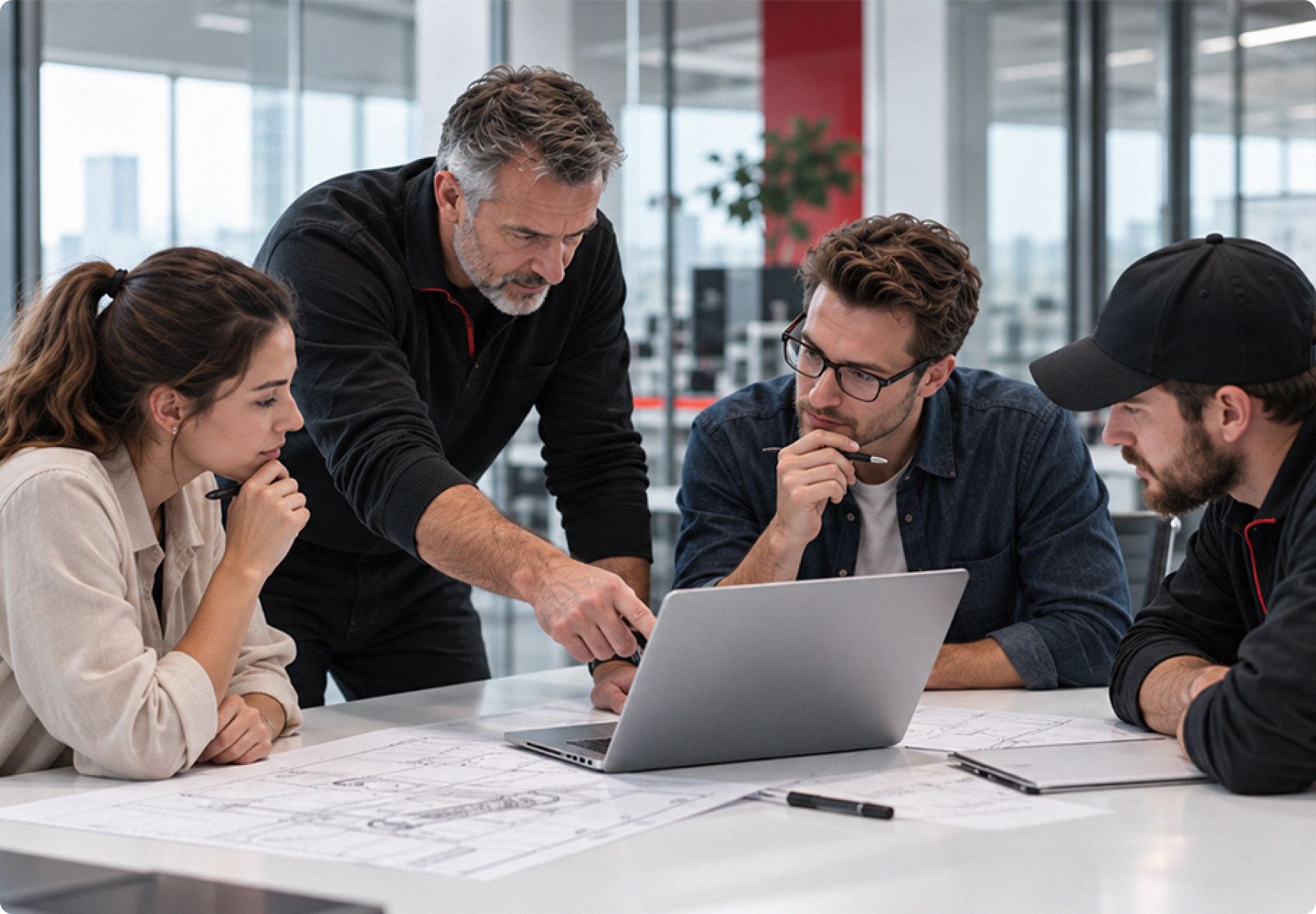Ein NAXCON-Team arbeitet im Büro gemeinsam an einem Plan