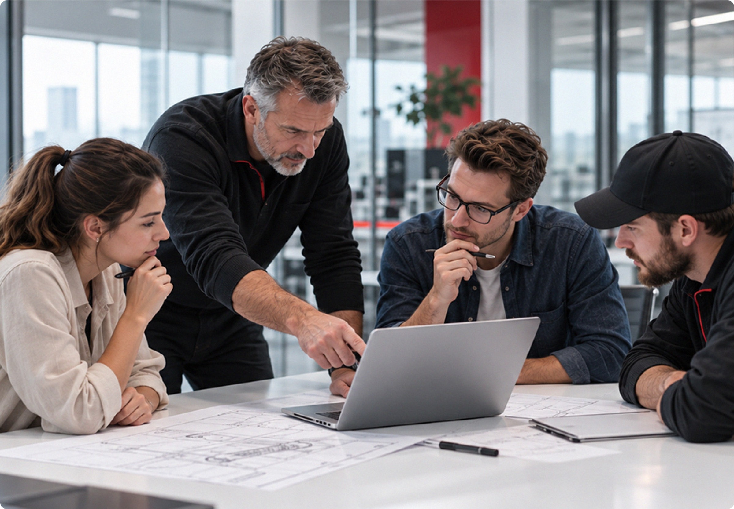 Ein NAXCON-Team arbeitet im Büro gemeinsam an einem Plan
