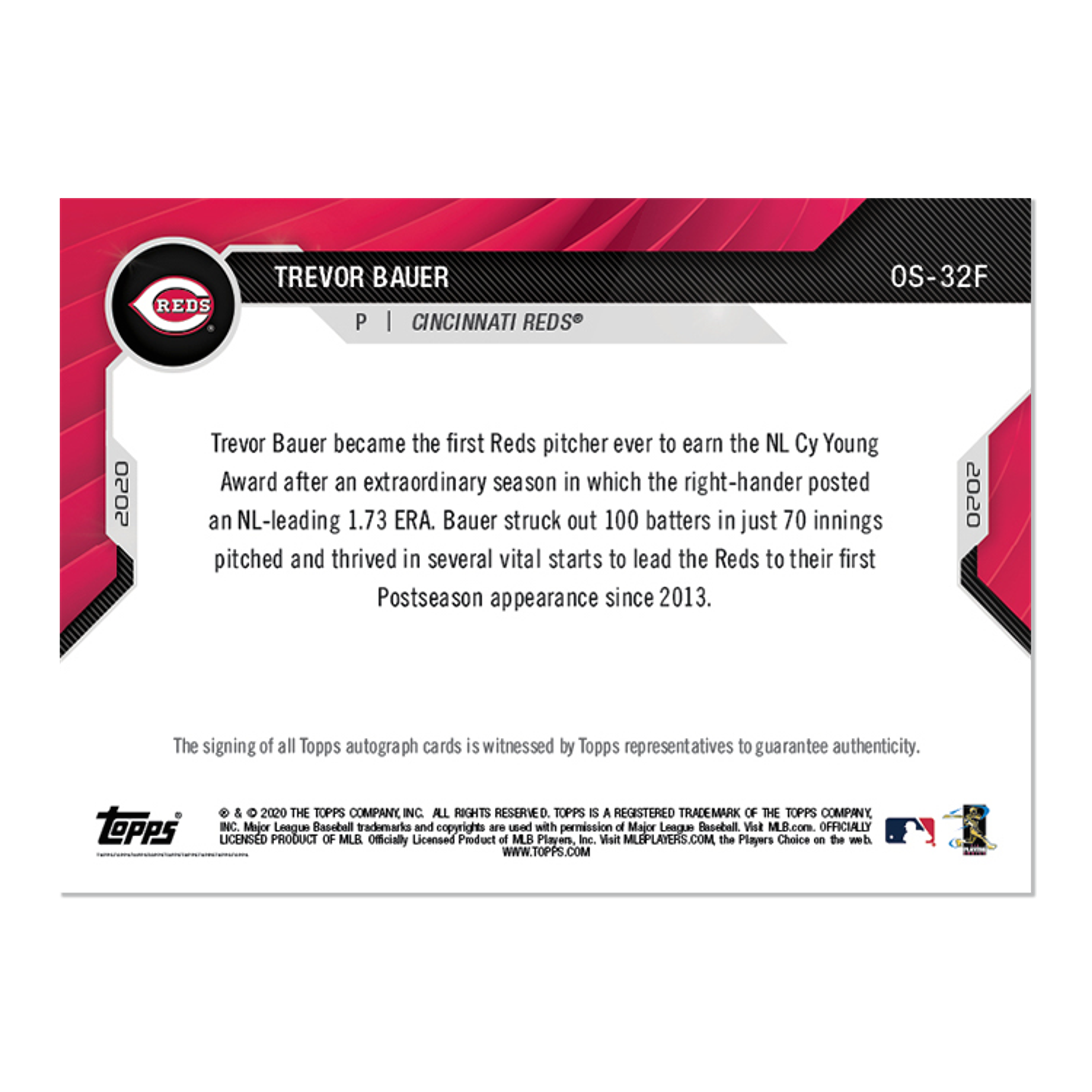On-Card Auto # to 1 - Trevor Bauer - MLB TOPPS NOW® Card OS-32F