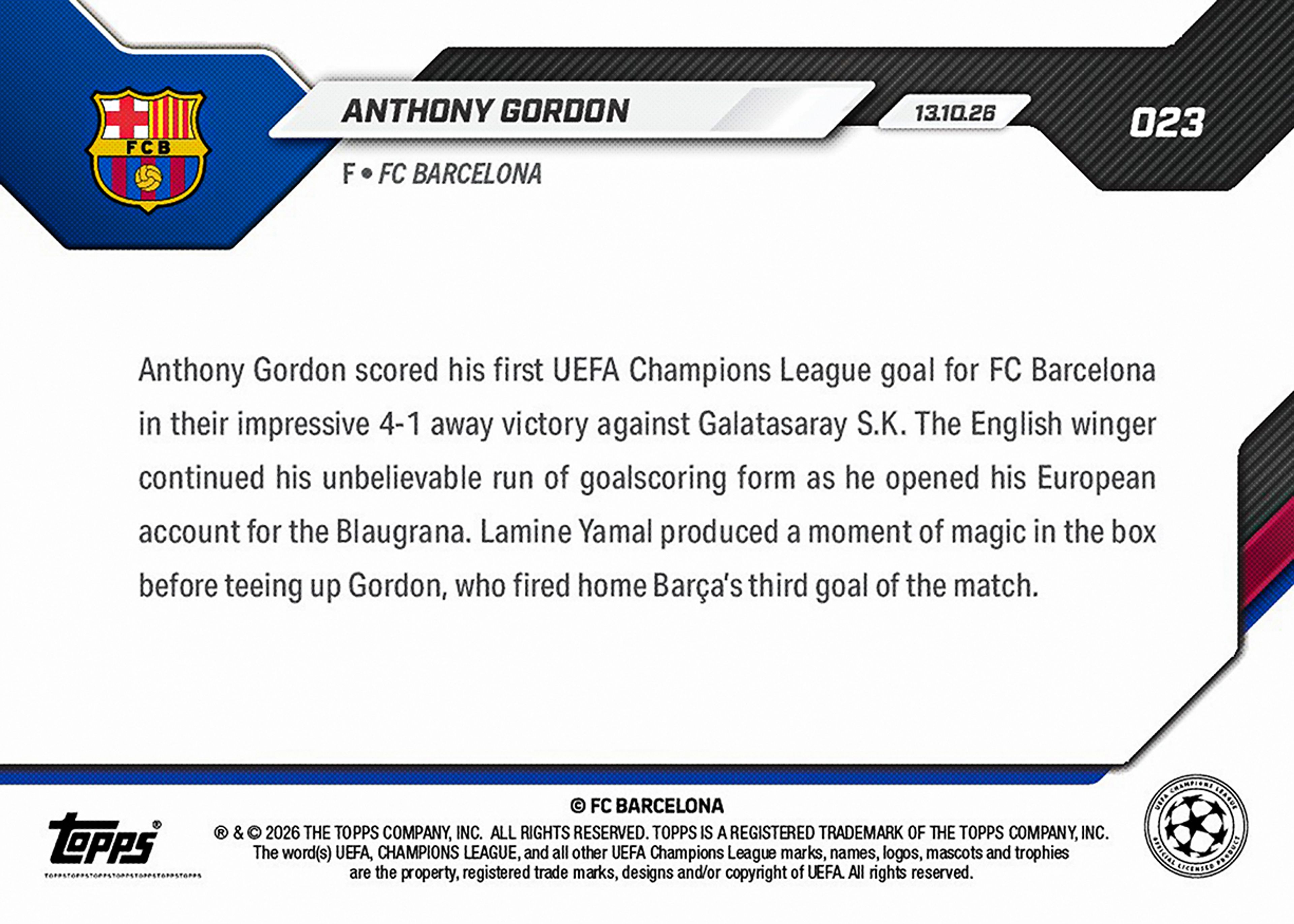 Anthony Gordon - 2026-27 UCL Topps NOW® - Card 23