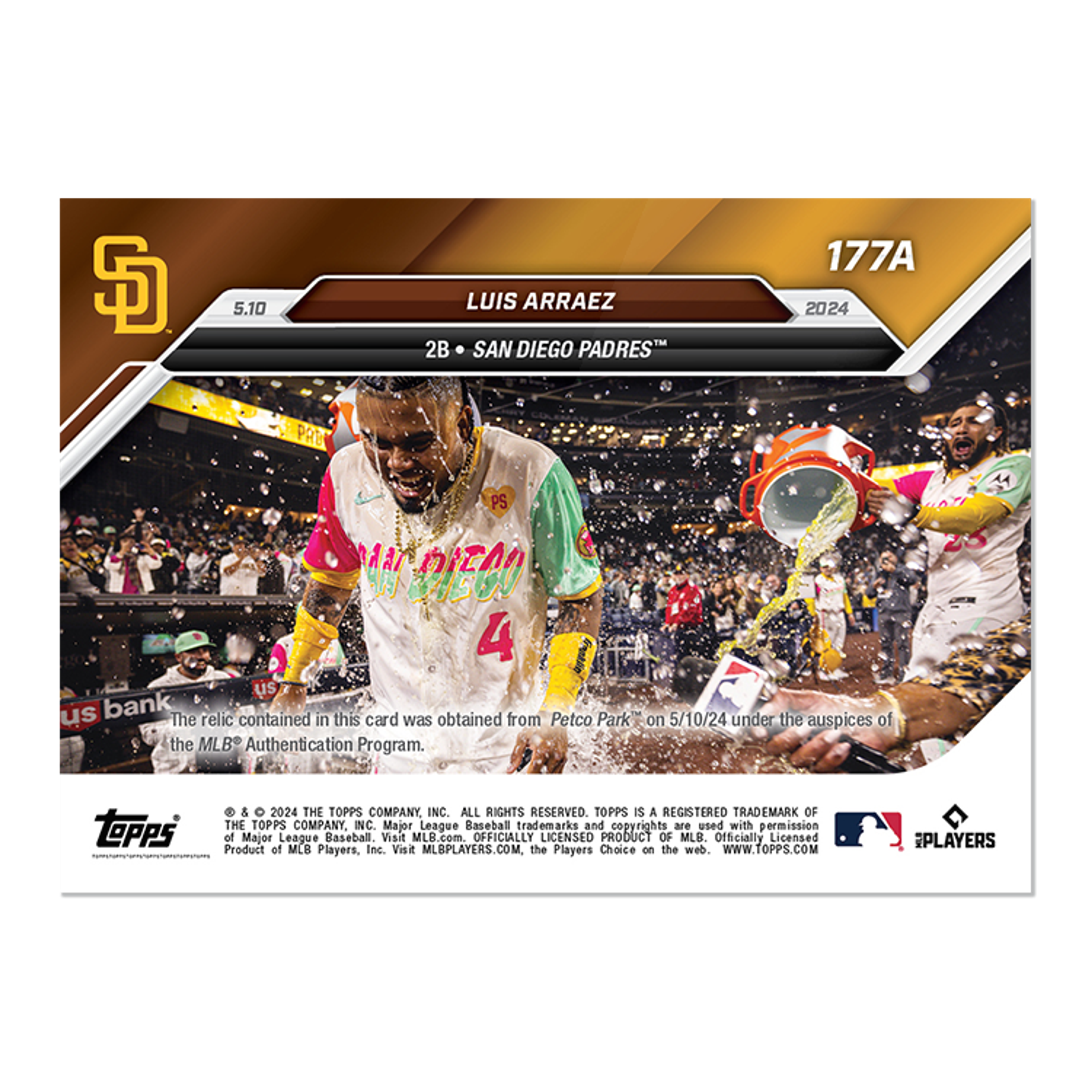 Game-used Base Relic # to 75 or Lower - Luis Arraez -- 2024 MLB