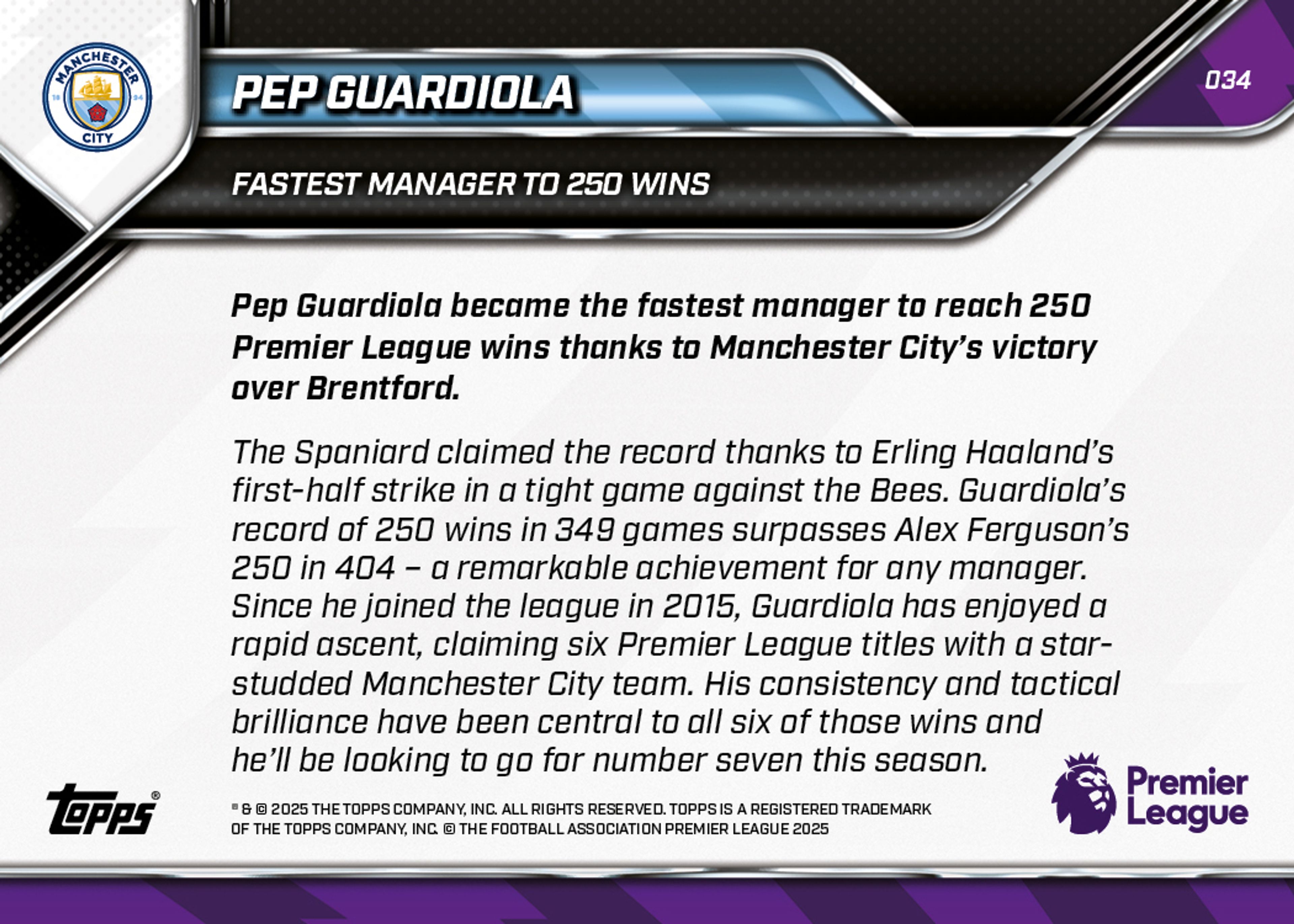 Pep Guardiola - 2025-26 Premier League Topps NOW® - Card 34