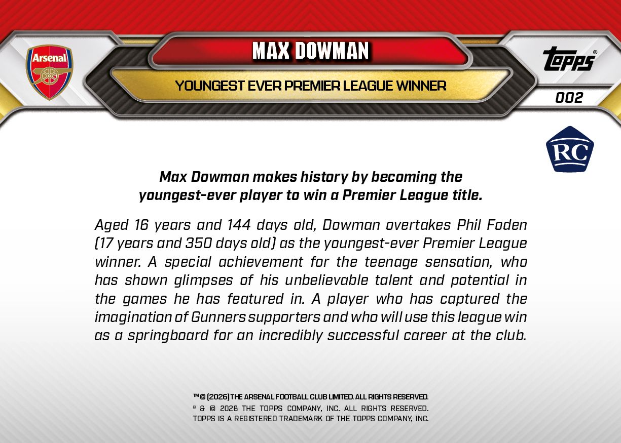 Max Dowman - 2025-26 Arsenal FC Topps NOW® - Card 2 - PR: 18914