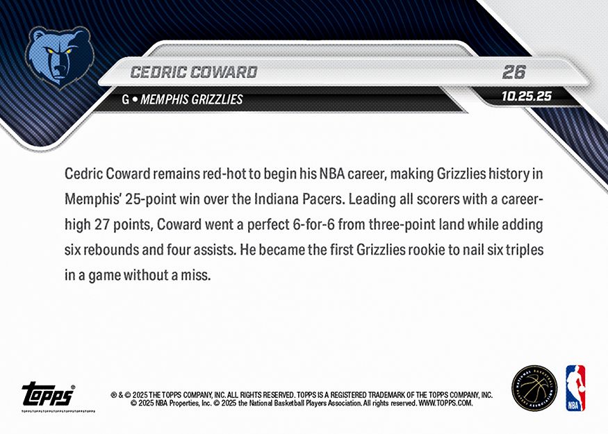 Cedric Coward - 2025-26 NBA Topps NOW® - Card 26