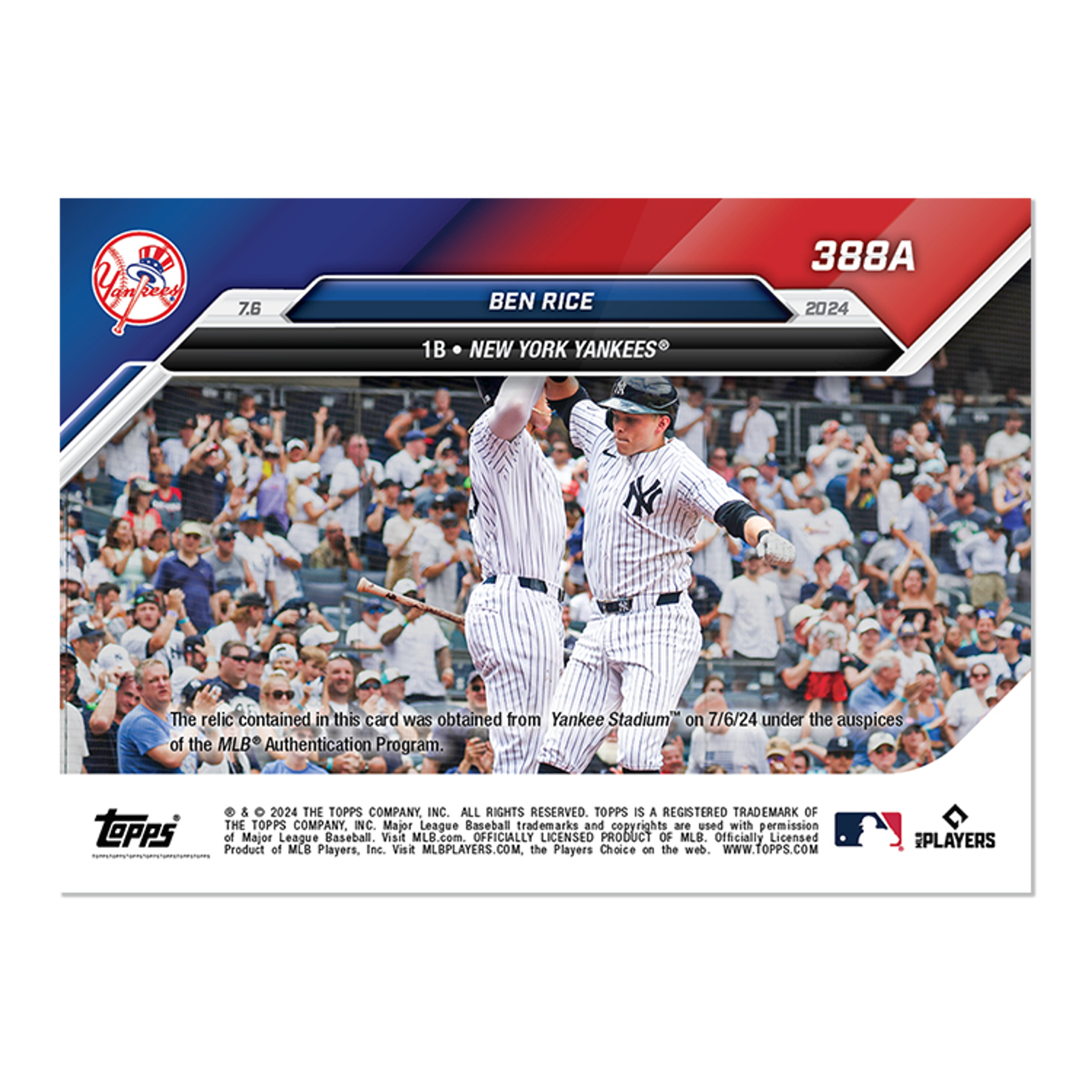 Game-used Base Relic # to 125 or Lower - Ben Rice - 2024 MLB TOPPS